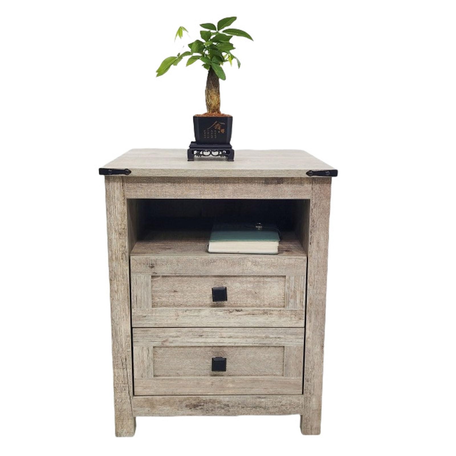 TABOJS Table de Chevet en Bois avec Prise USB 2 tiroirs Compartiment de Rangement Ouvert, adaptée à la Chambre à Coucher, au Bureau au Salon