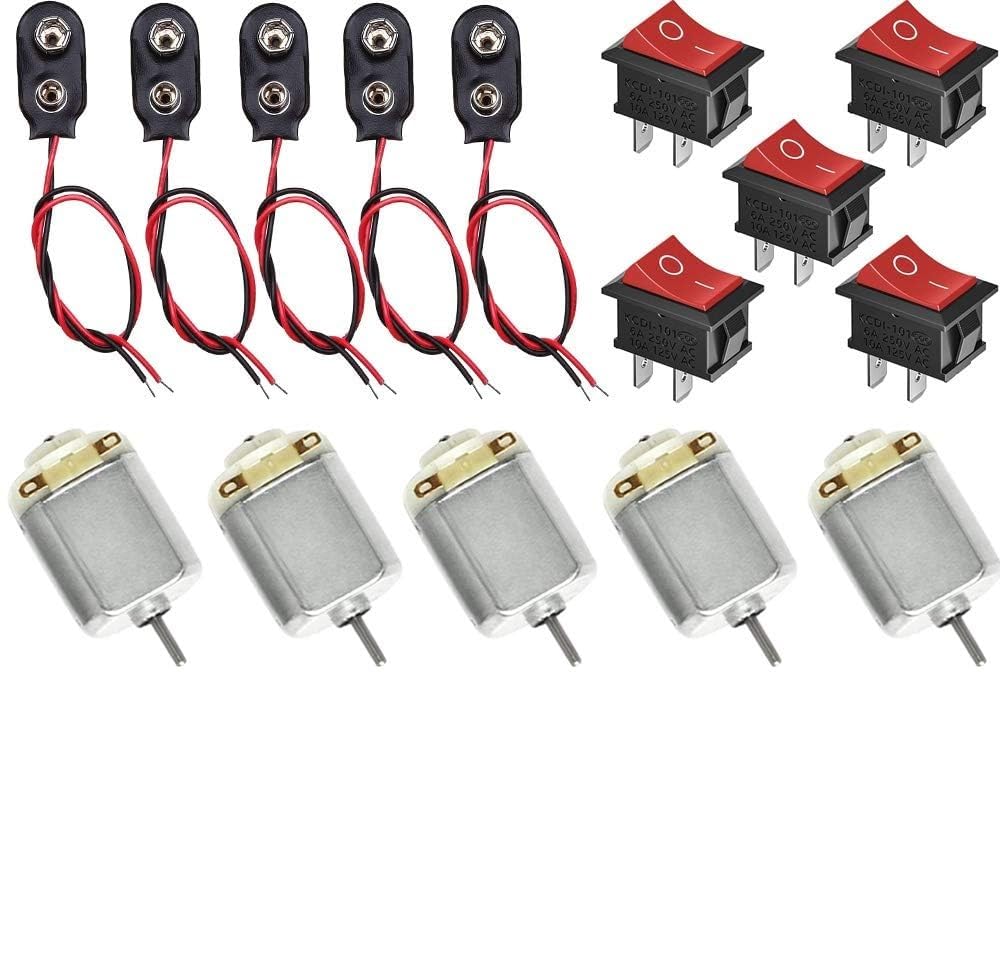 Micro DC Motors Kit,DC 1.5-6V DC Motor,130 DC Motor +5pcs 9V battery connector+5pcs ON/Off Toggle Switch， for DIY Toys Science Projects Total 15 Pcs