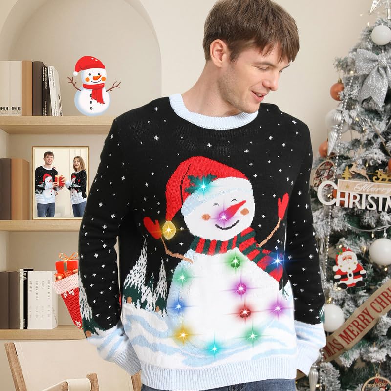 Kouric Maglione Natalizio Donna con Luci, Maglione Natale LED Divertente, Maglioni Natalizi Famiglia Coppia Luminoso Maglioncini di Natale Brutti, Ugly Christmas Sweater per Adulti/Bambina