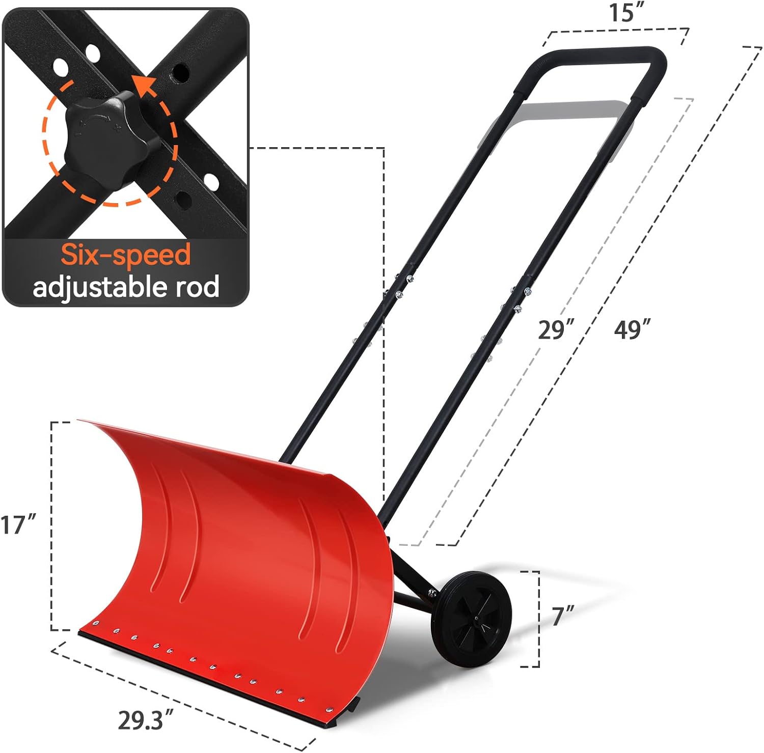 review Snow Shovel for Driveway, Heavy Duty Metal Snow Shovels with Wheels for Snow Removal, Adjustable Handle 30-Inch Wheeled Snow Pusher for Driveway, Doorway, Sidewalks