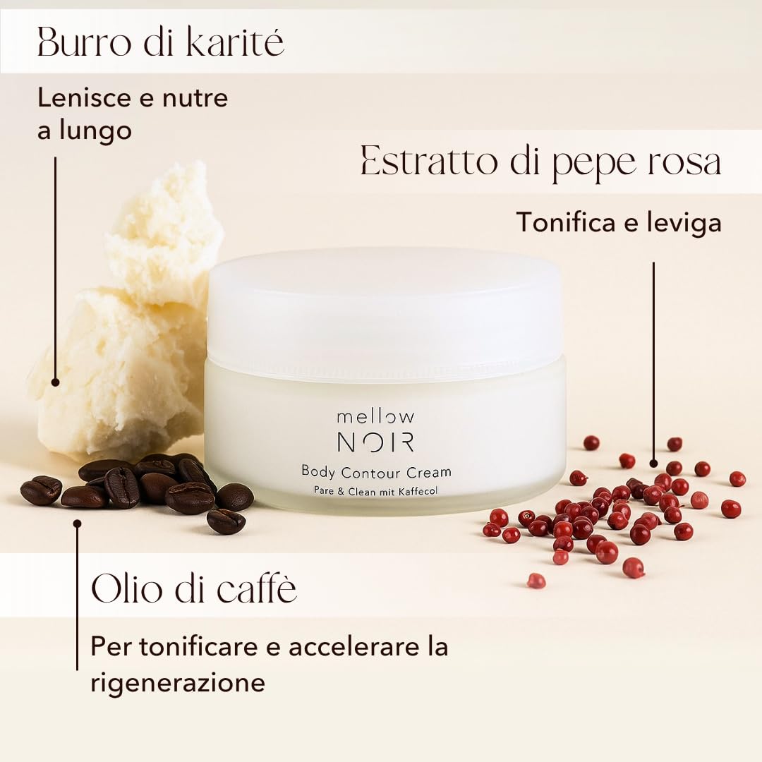 mellow NOIR Body Contour Cream 200 ml – Crema per il corpo contro la cellulite e la pelle flaccida – per contorni solidi su addome, gambe e braccia – assorbe rapidamente senza grasso – Cosmetici
