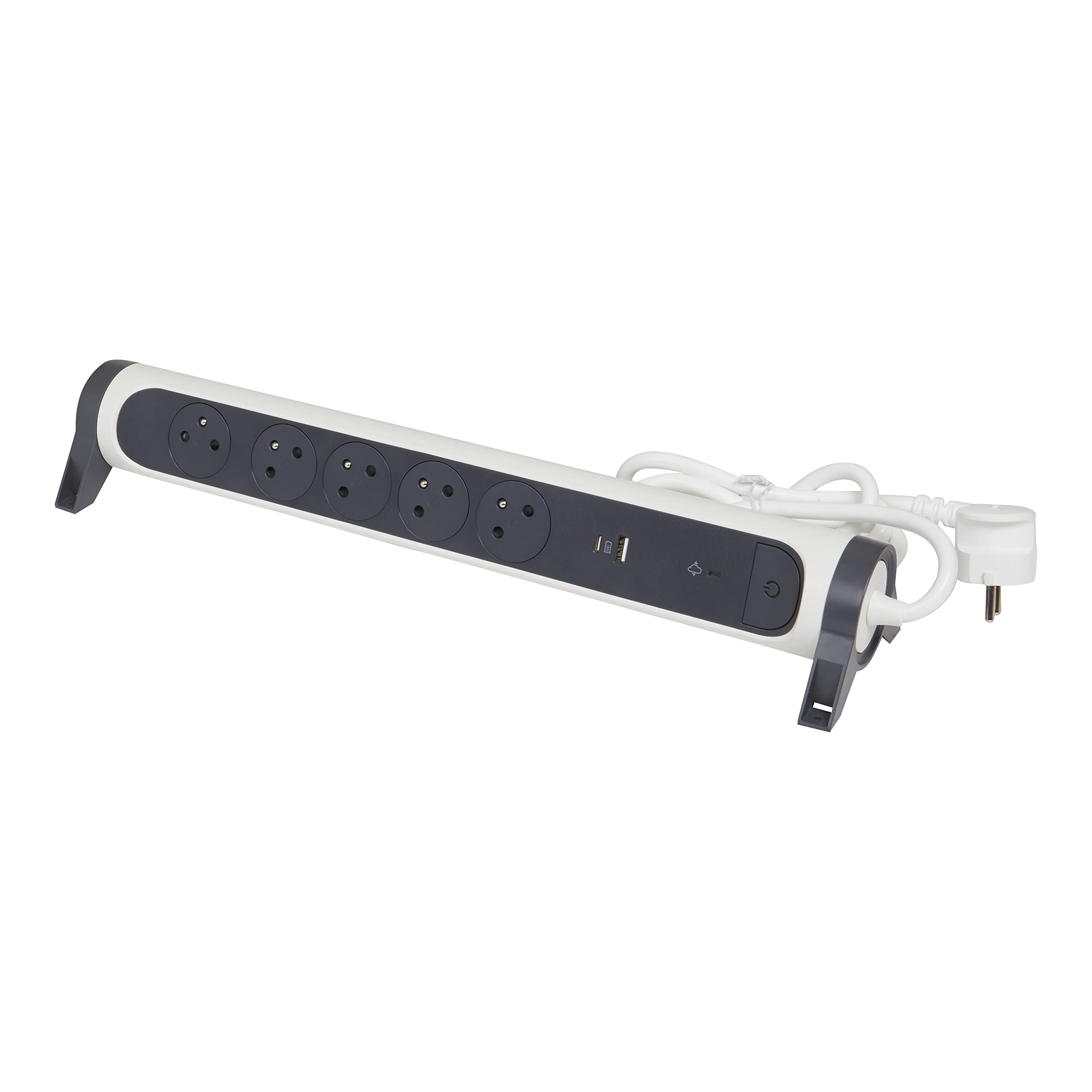 Legrand - Steckdosenleiste drehbar mit 5 Steckdosen, Oberfläche, Überspannungsschutz und USB Type-A+ Typ C - weiß und dunkelgrau
