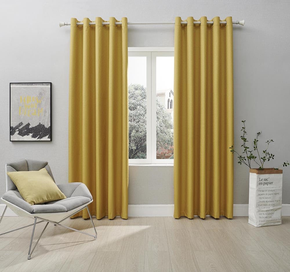 Coastline Yellow Textured Veiny Woven Thermal Blackout Eyelet Curtains 66X54