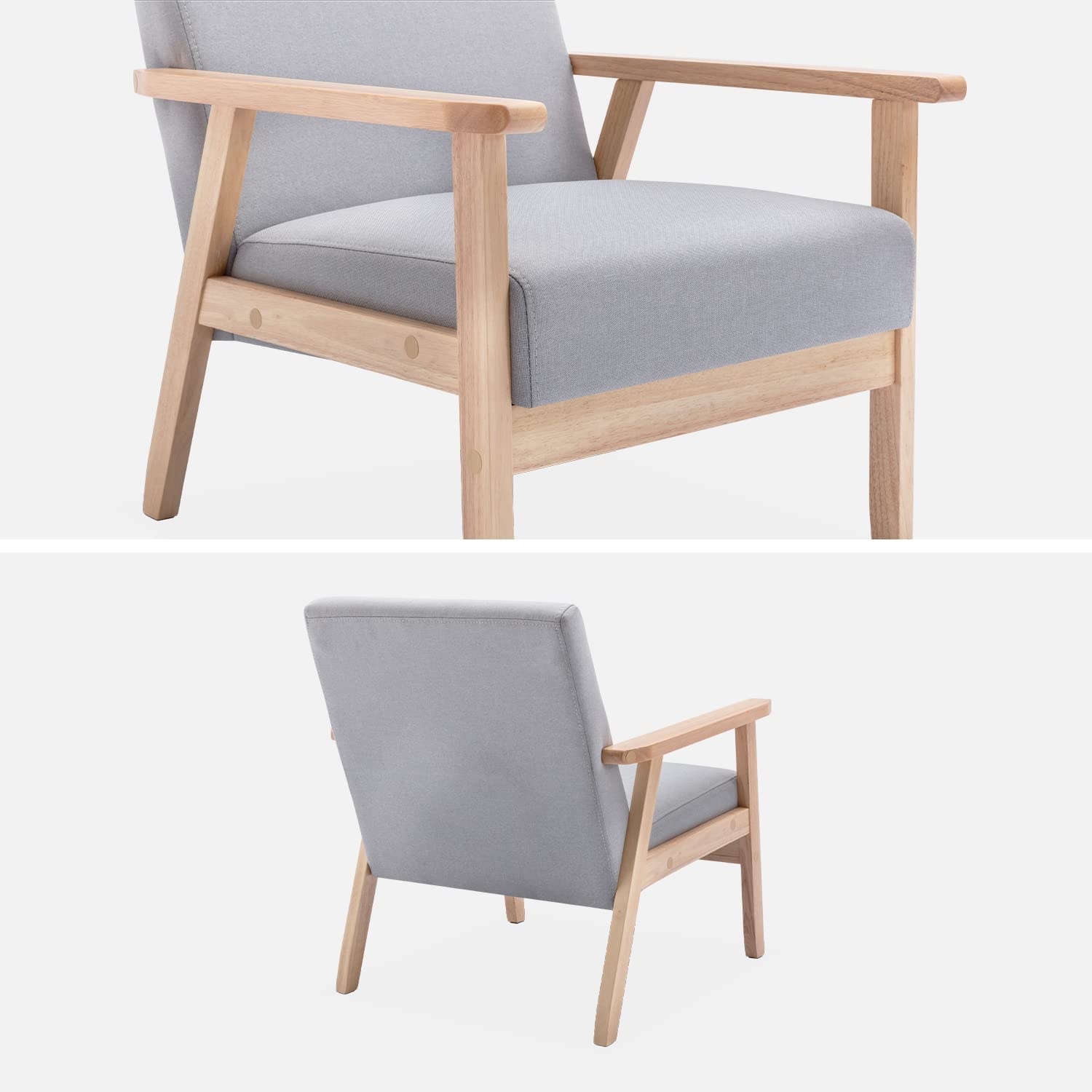 Alice's Garden sweeek-Sillón Estilo escandinavo de Madera y Tela Gris Claro - 64x69.5x73 cm