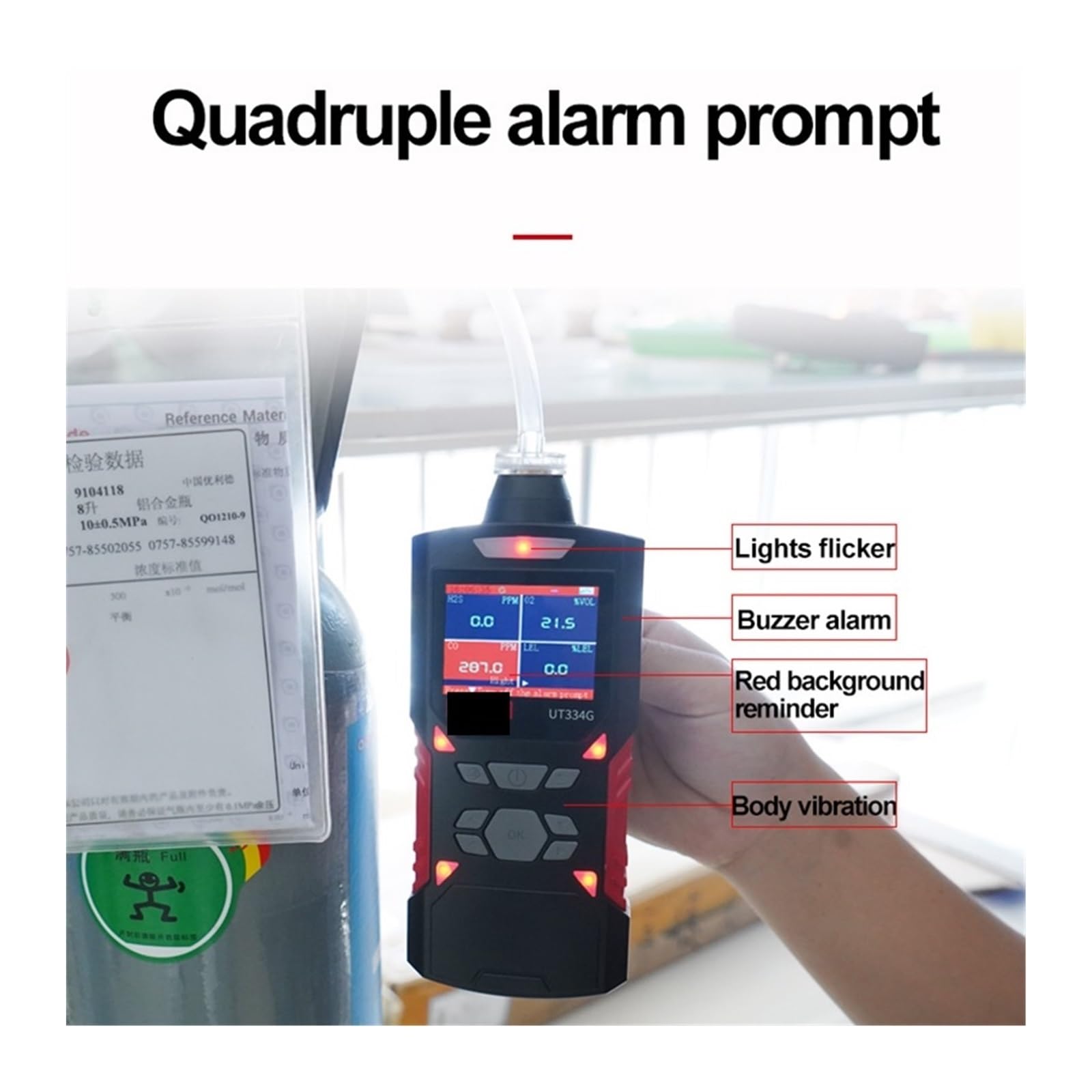Detector de Gas, Detector de Gas Múltiple Medidor de Gas O2 H2S CO LEL 4 en 1 Sulfuro de hidrógeno de oxígeno Monóxido de carbono Detector de fugas de gas combustible para casa y autocaravana (334F)