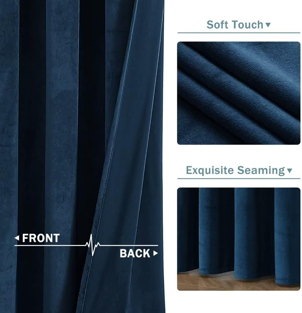 Navy Velvet Curtains 90 Inches for Bedroom, Thermal Insulated Blackout Curtains- Room Darkening Sun Blocking Rod Pocket Window Drapes for Living Room, 2 Panels, 52 x 90 Inches