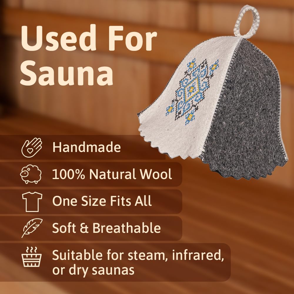 SHSH trade group Sombrero de sauna de lana ucraniana Bordado Ornamento Azul Vyshyvanka,Sombrero de sauna Finlandés,Sombrero de sauna para hombres,Sombreros de sauna ruso