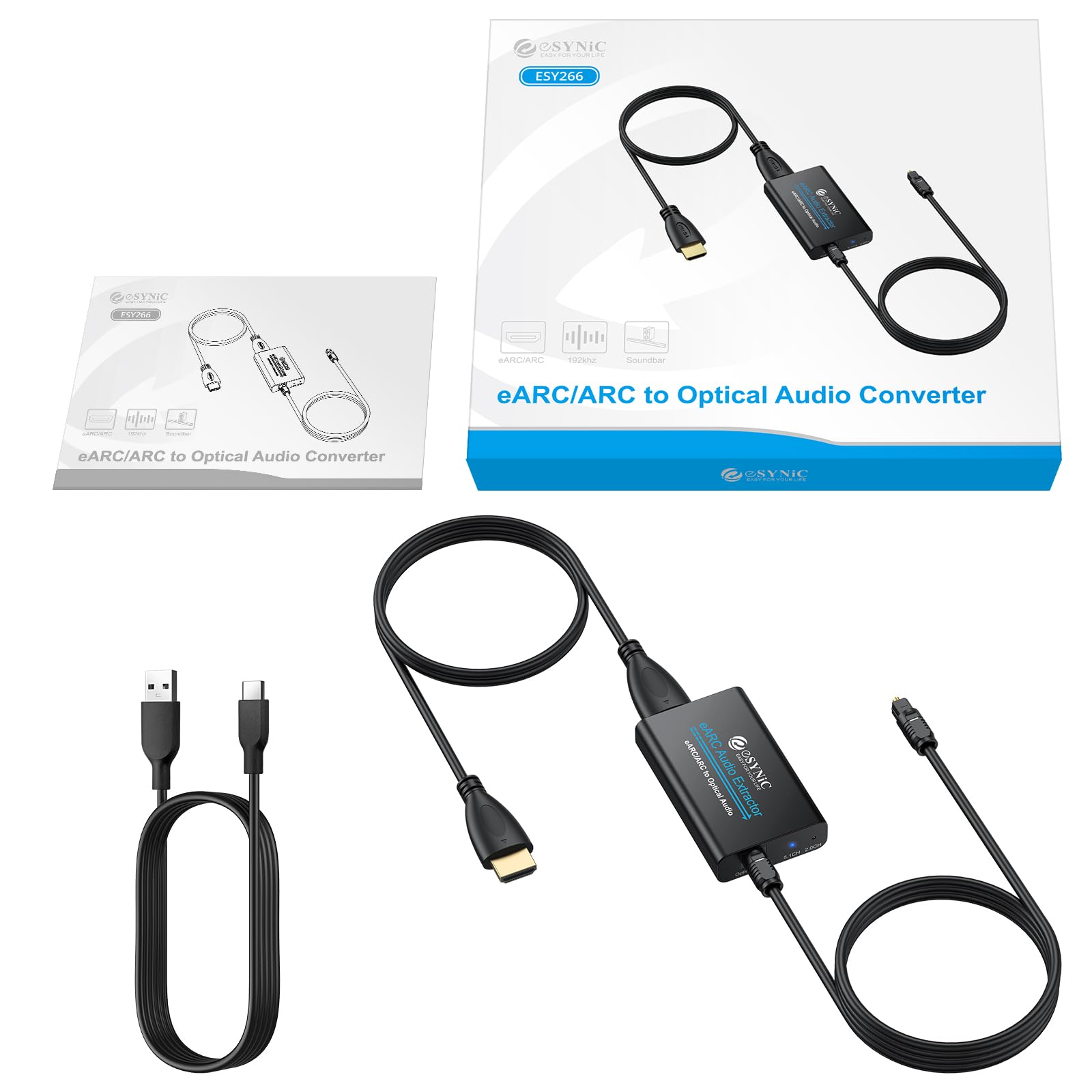eSynic Professioneller 192 kHz eARC ARC Audio-Extraktor ARC HDMI auf optischen Audio-Extraktor mit HDMI und optischem Kabel, unterstützt 5.0 und 2.0 Audio-Format für HDTV zu Soundbar (muss TV eARC ARC