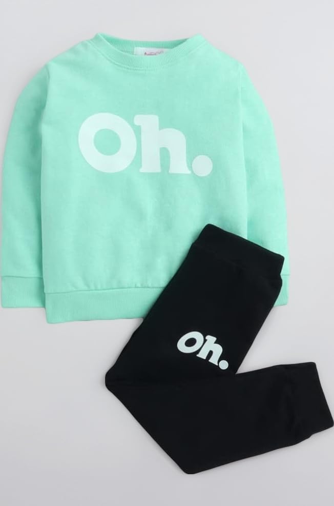 Hopscotch Boys and Girls Cotton Text Print Sweatshirt and Jogger Set in Green Color