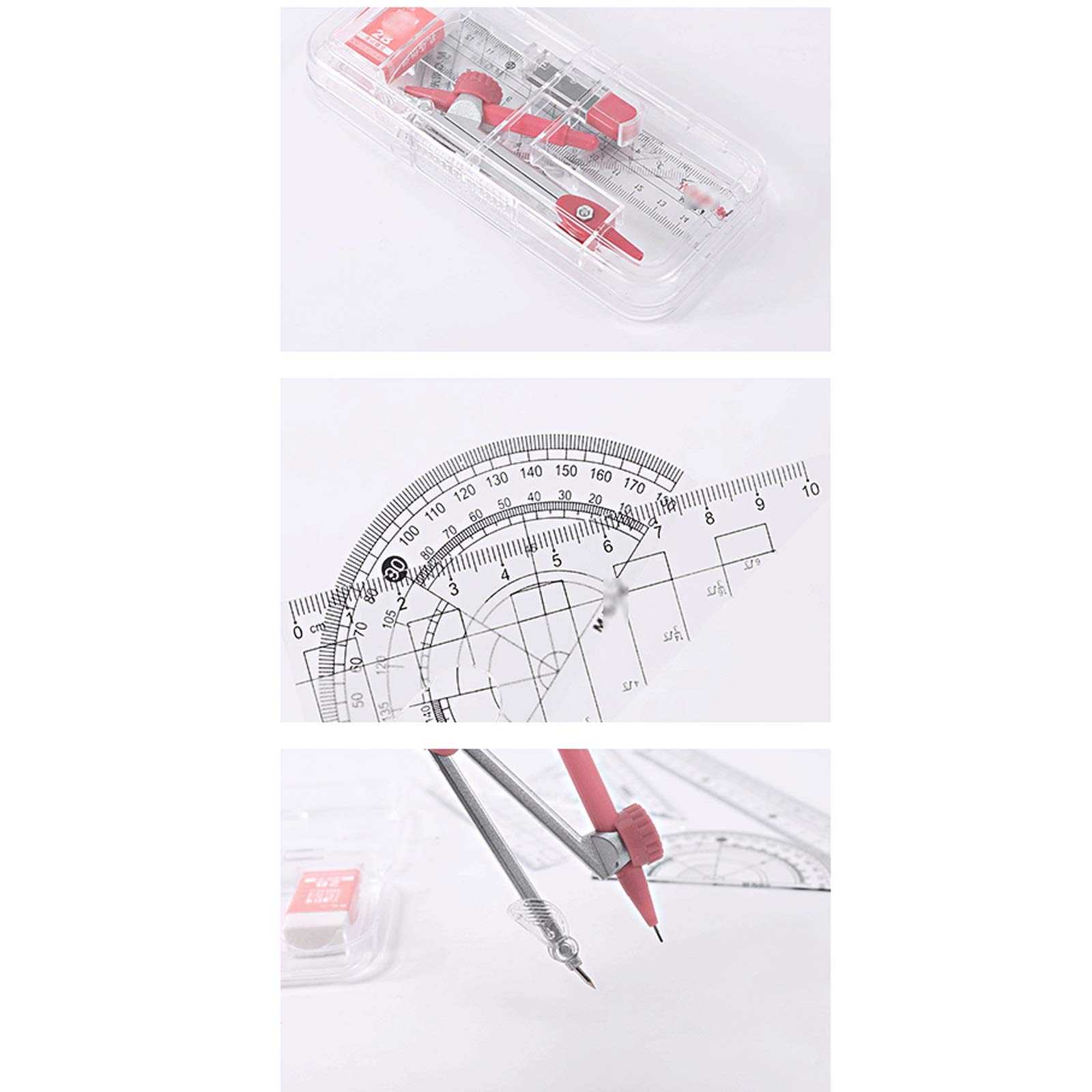 Mathe-Set, Winkelmesser-Set, Metall-Zirkel-Set, for Schüler, Zeichenwerkzeuge und Zeichensets, Geometrie-Kurs-Set for Schüler, Kompass, Winkelmesser, Lineal, Bleistift, Minenkern, Radiergummi, 7-teili