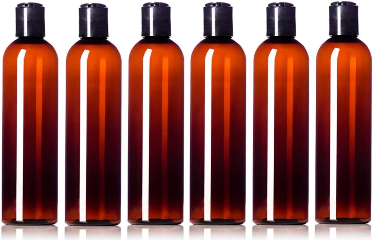 Amber 8 Oz Empty Plastic Squeeze Bottles PET BPA-Free with Black Disc Flip Top Caps , Pack of 6