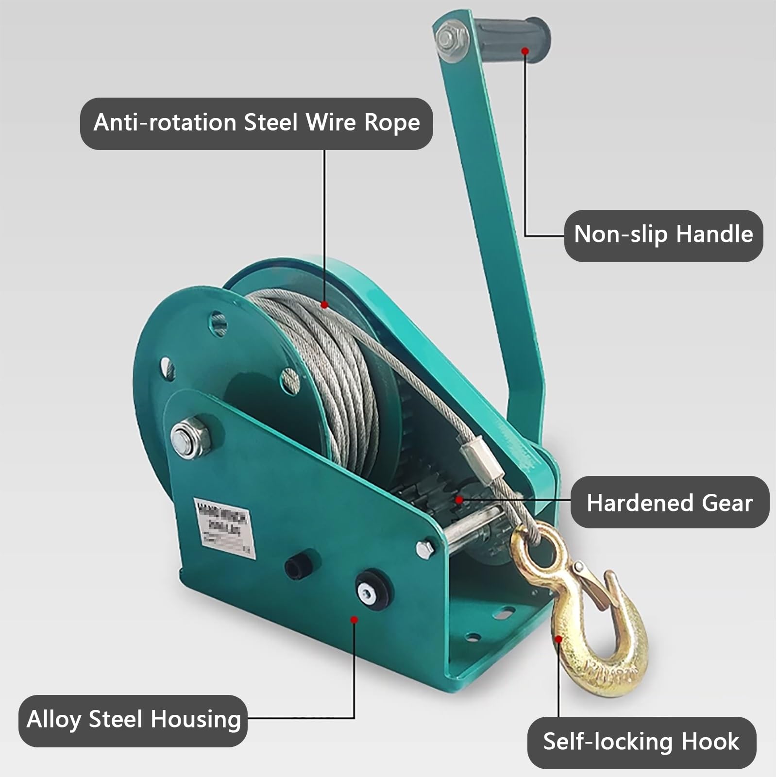 Handwinde mit automatischer Bremse, tragbare Kurbelwinde mit Stahlseil und Haken, beidseitig selbstverriegelnd, für Bootsanhänger, Lagerhallen und Fab