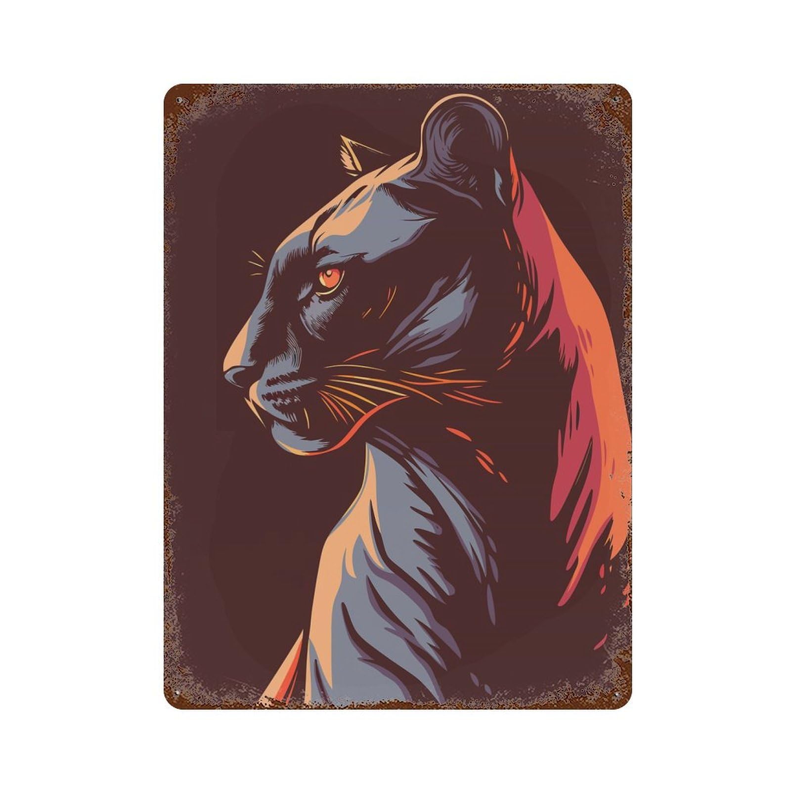 Stylized Black Panther Portrait 15.7"x11.8" Rust Effect Tin Sign, Rustic Home Decor for Office, Studio And Wall Decor