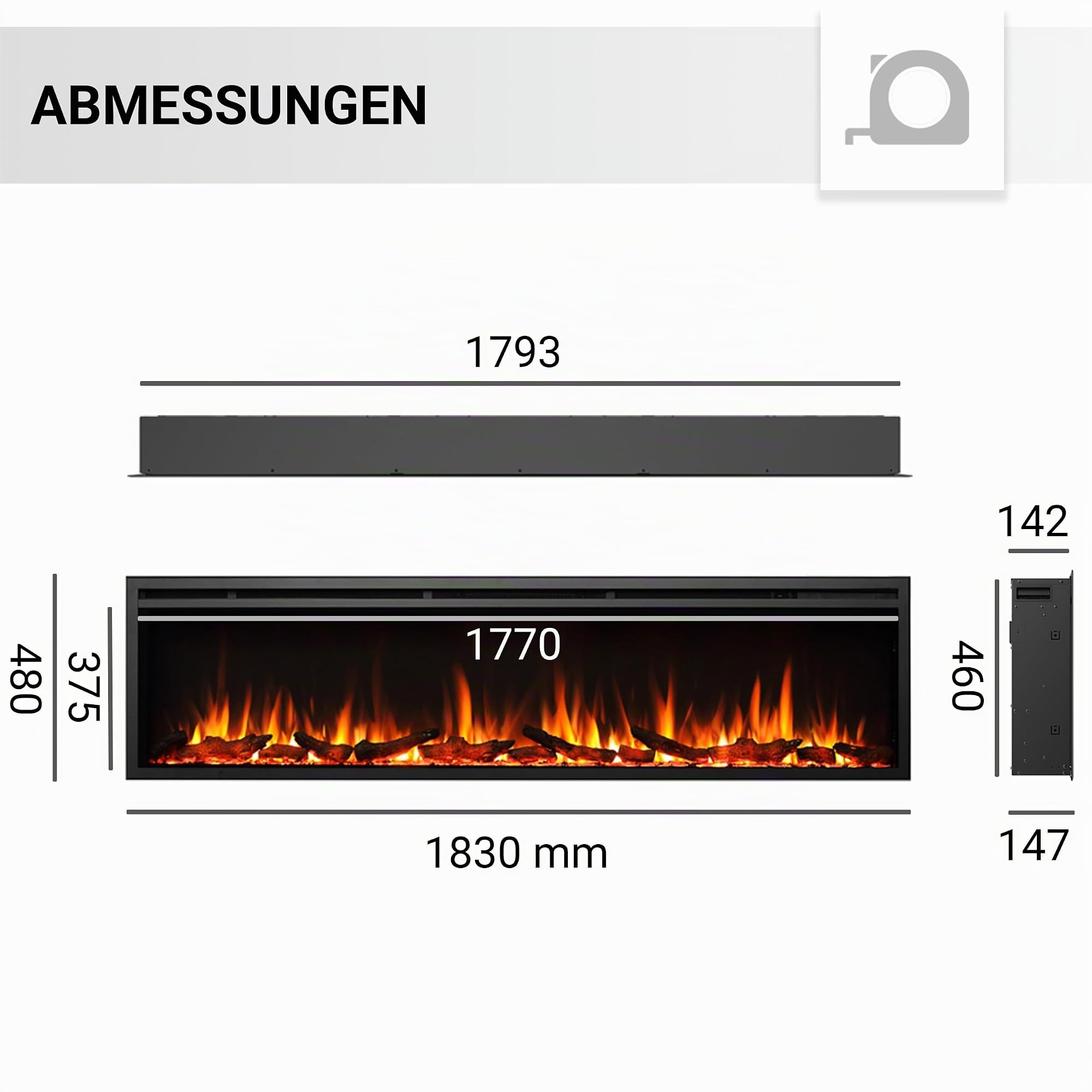 BALDERIA Atalanta 72 Einbau Kamin, App Steuerung | Elektrischer Einbaukamin, Heizung 1000/2000 W, 3D-Flammeneffekt, Knisterfunktion, Fernbedienung, Timer, Thermostat