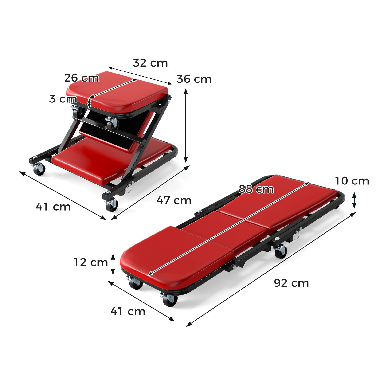 GYMAX Camilla Mecánico Taller Patín, Taburete de Taller 2 en 1 y Patín de Montaje, Camilla de Montaje con Capacidad de 150 Kg, 6 Ruedas Giratorias 360°, Asiento Rodante con Función de Cama (Rojo)