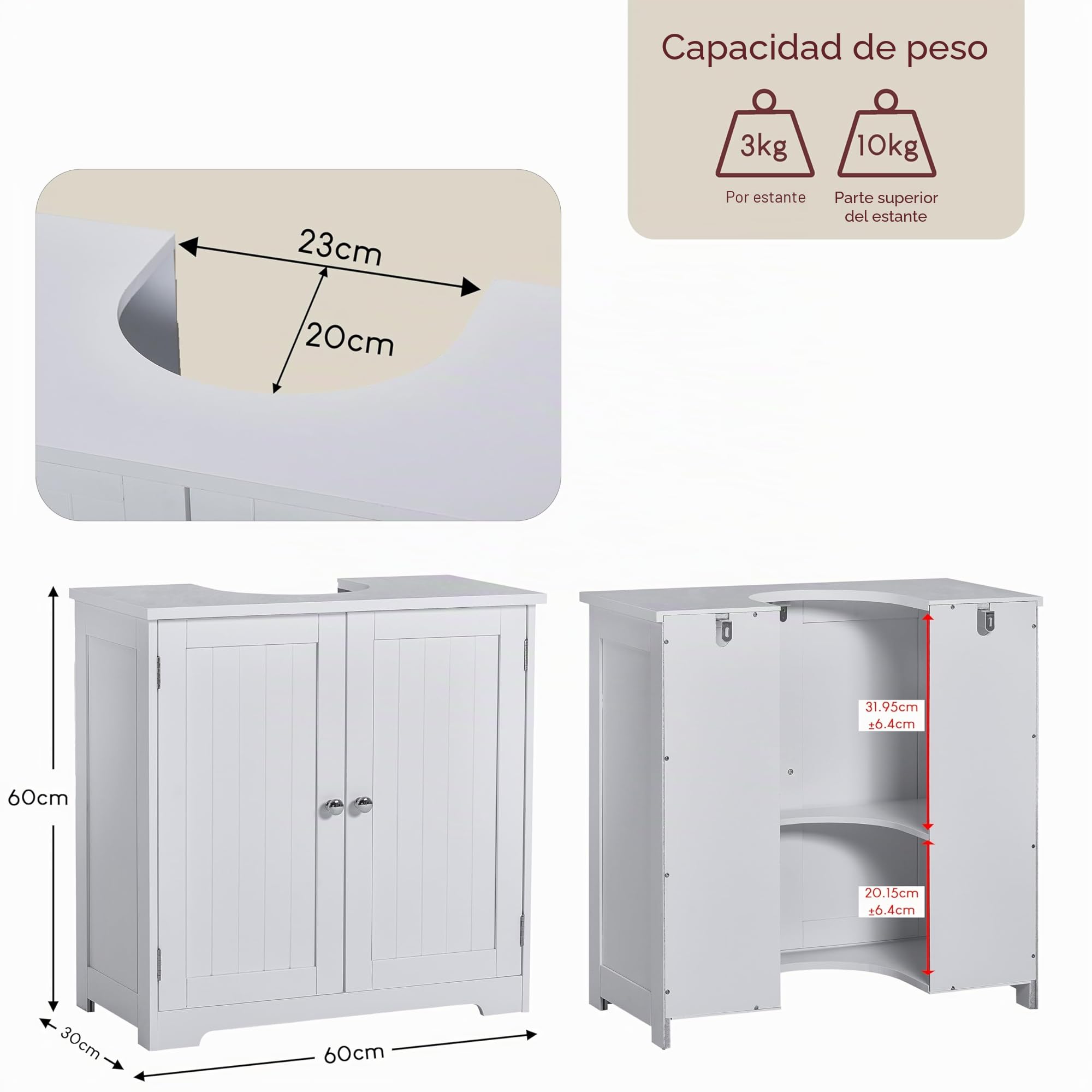 Home Discount Priano bajo Fregadero Armario de baño de pie Unidad de Almacenamiento Armario para Lavabo, Color Blanco