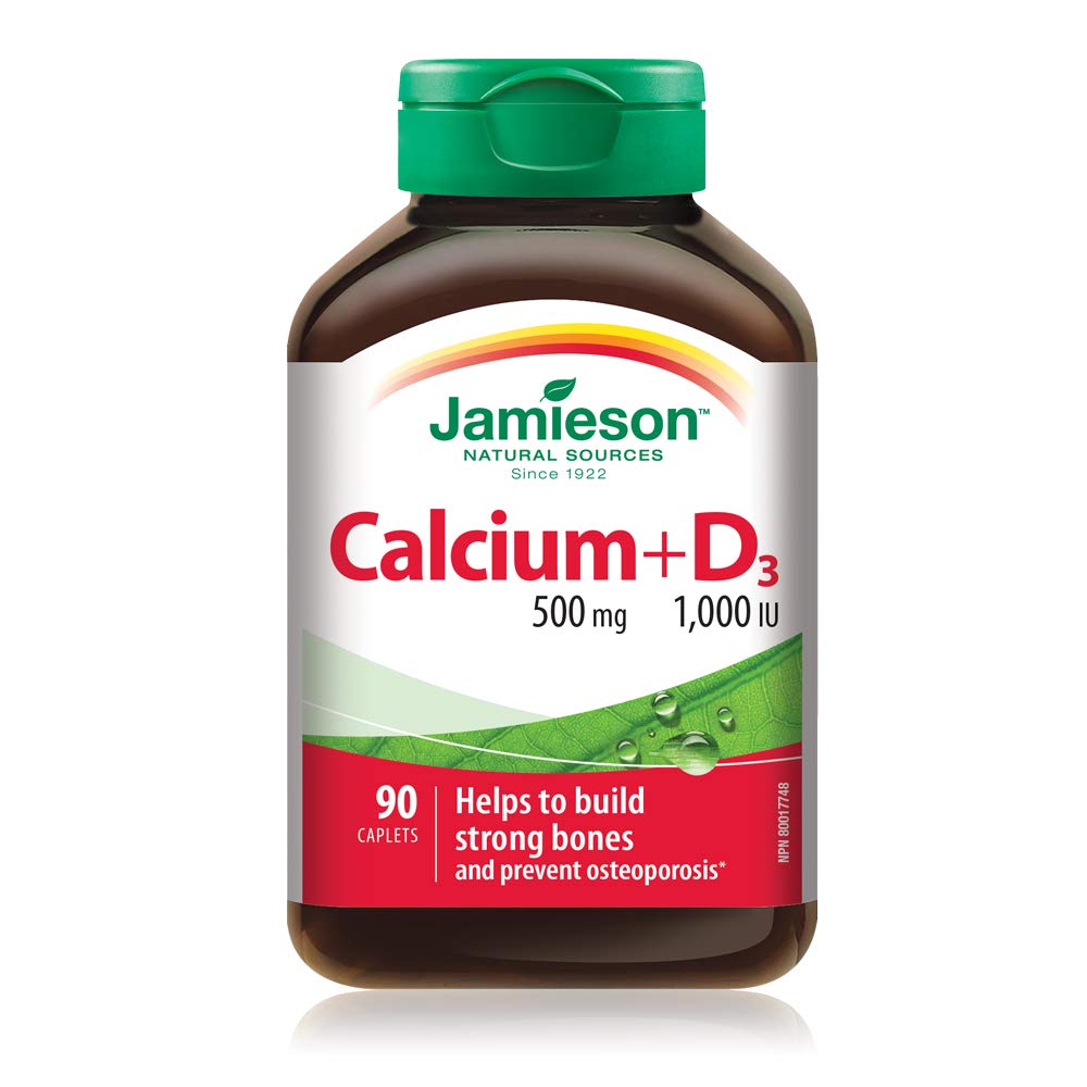 Jamieson Calcium 500 mg with Vitamin D3 1,000 IU, High Absorption, Supports Bone Health, Helps Prevent Osteoporosis and Bone Loss. Easy to Swallow, Vegetarian, Non-GMO, Gluten-Free, 90 Caplets