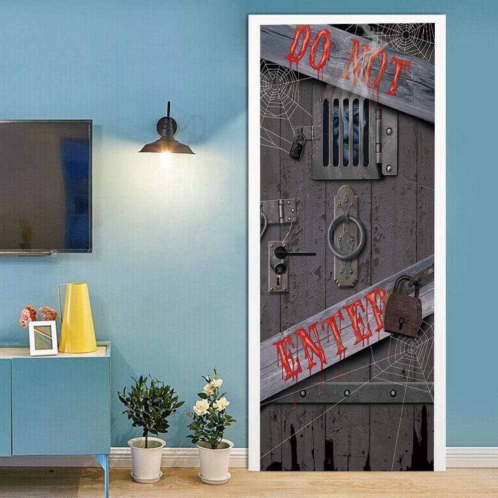 Papier Peint Porte Trompe L'Oeil Serrure De Porte D'Horreur D'Halloween 77 X 200 Cm, Créativité Sticker De Porte Trompe L'Oeil Effet 3D Adhésif Diy