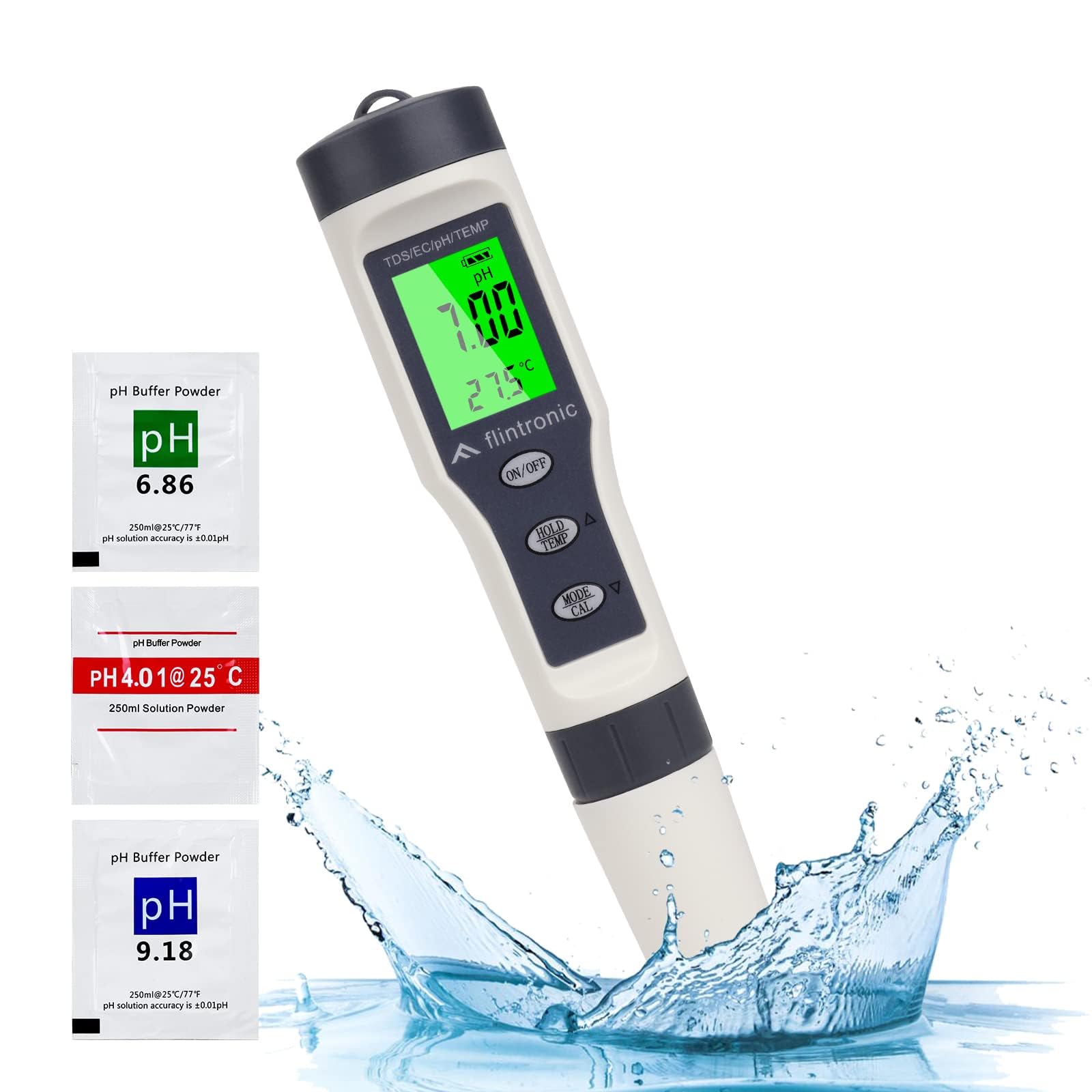 flintronic 4-In-1 PH Messgerät, PH/TDS/EC Temperatur Tester mit Hintergrundbeleuchtung, 0-14 pH-Messbereich-±0,1 pH-Genauigkeit, PH Wert Messgerät Pool Trinkwasser Schwimmbad Aquarium