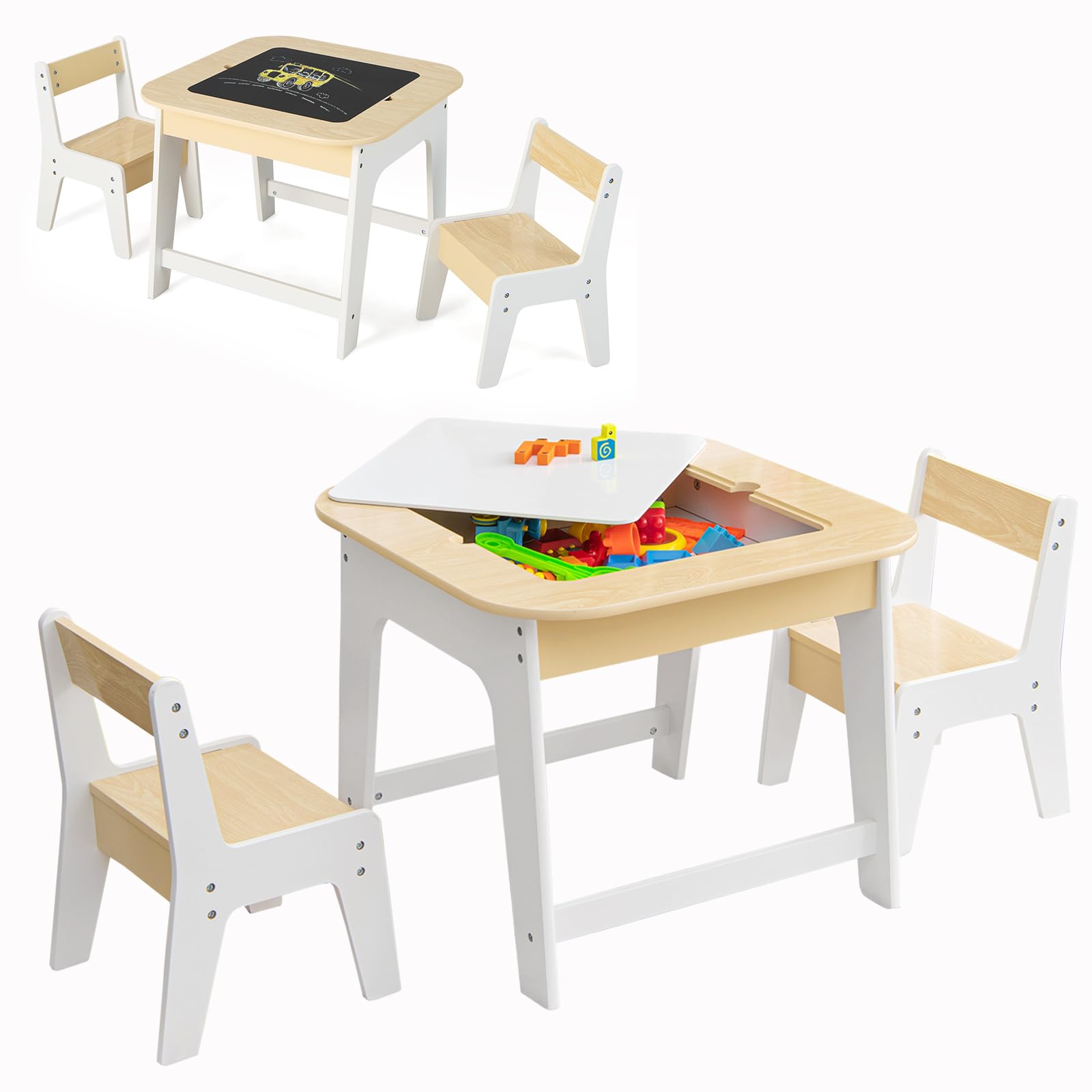 Costzon Kids Table and Chair Set, 3-in-1 Wooden Activity Table with Removable Tabletop, Blackboard & Whiteboard, Storage Space for Arts Crafts Nursery Preschool, Toddler Table and Chairs (Natural)