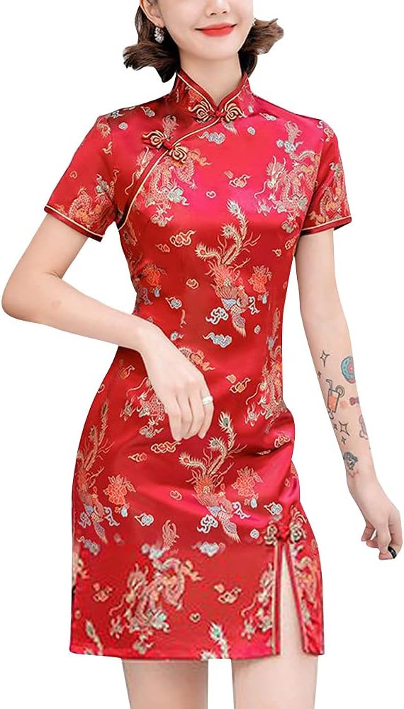 Cheongsam Costume Short Sleeve Side Slit Floral Print Mandarin Collar Vintage Chinese Evening Mini Bodycon Cocktail Outfit