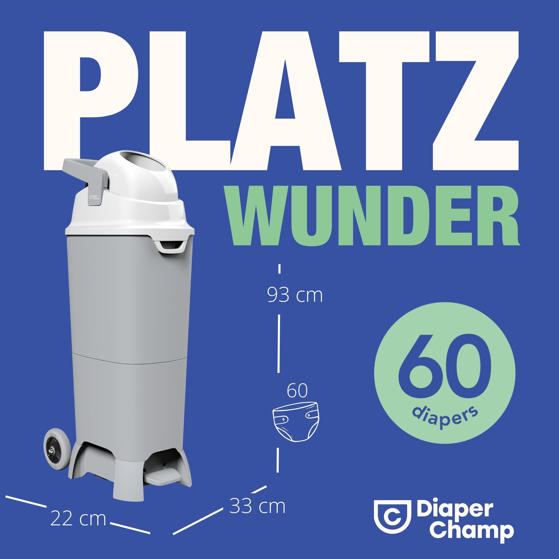 DIAPER CHAMP ONE Maxi Handsfree Plus mit Pedal und Rollen - Windeleimer - geruchsdicht - berührungslose Bedienung - OHNE Nachfüllkassetten - für normale Müllbeutel - für ca. 60 Windeln - silber, weiß