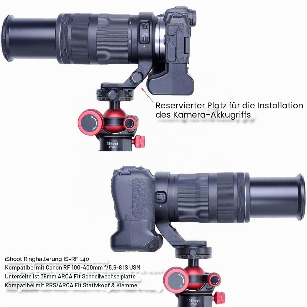 iShoot Stativhalterung, Ringlinsenhalsband, kompatibel mit Canon RF 100–400 mm f/5.6–8 is USM, Objektivhalterung, Unterseite ist Arca-Swiss Fit Schnellwechselplatte Schwalbenschwanznut