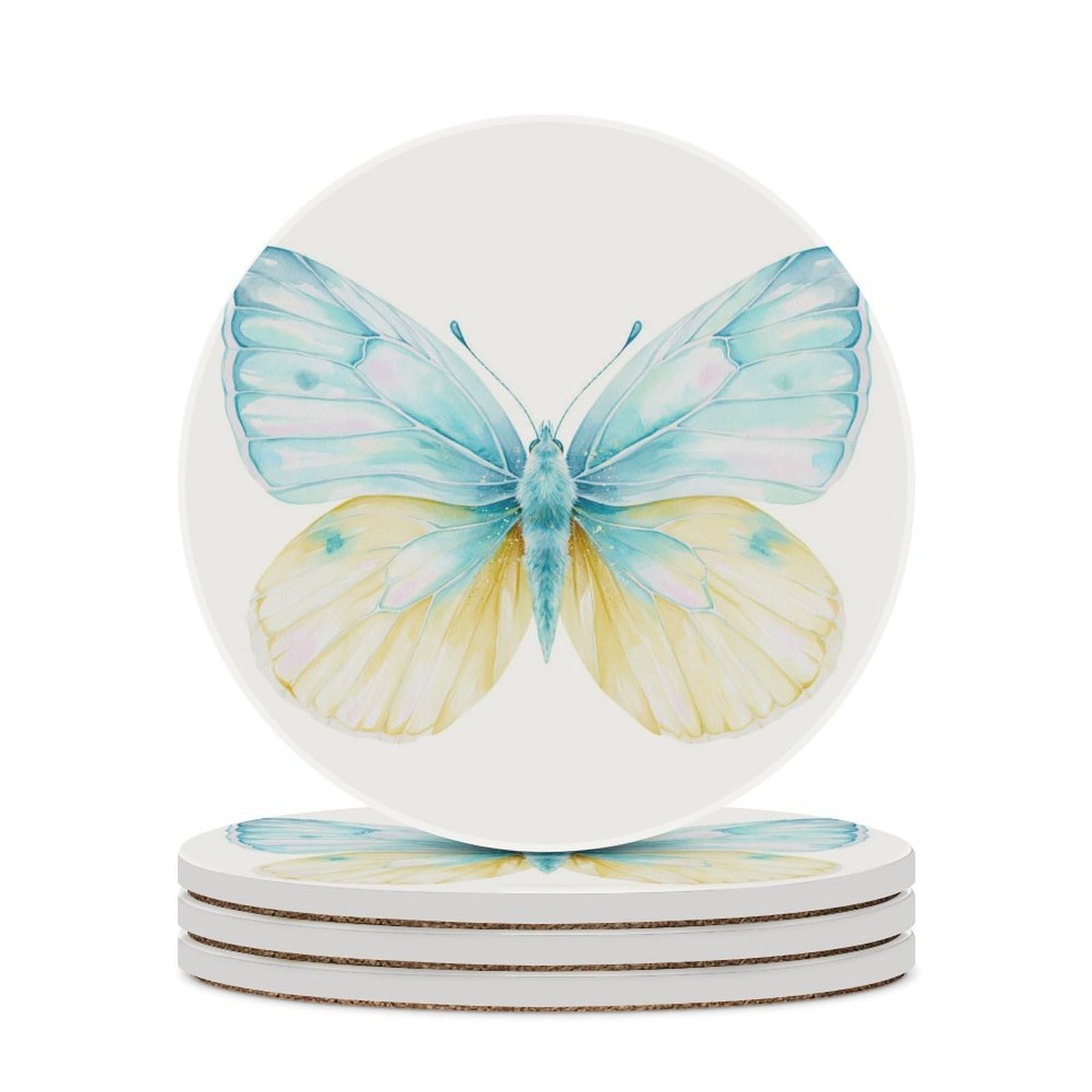 Butterfly with Pale Blue And Lemon Yellow Wings Coasters Set of 4 Absorbent Coasters