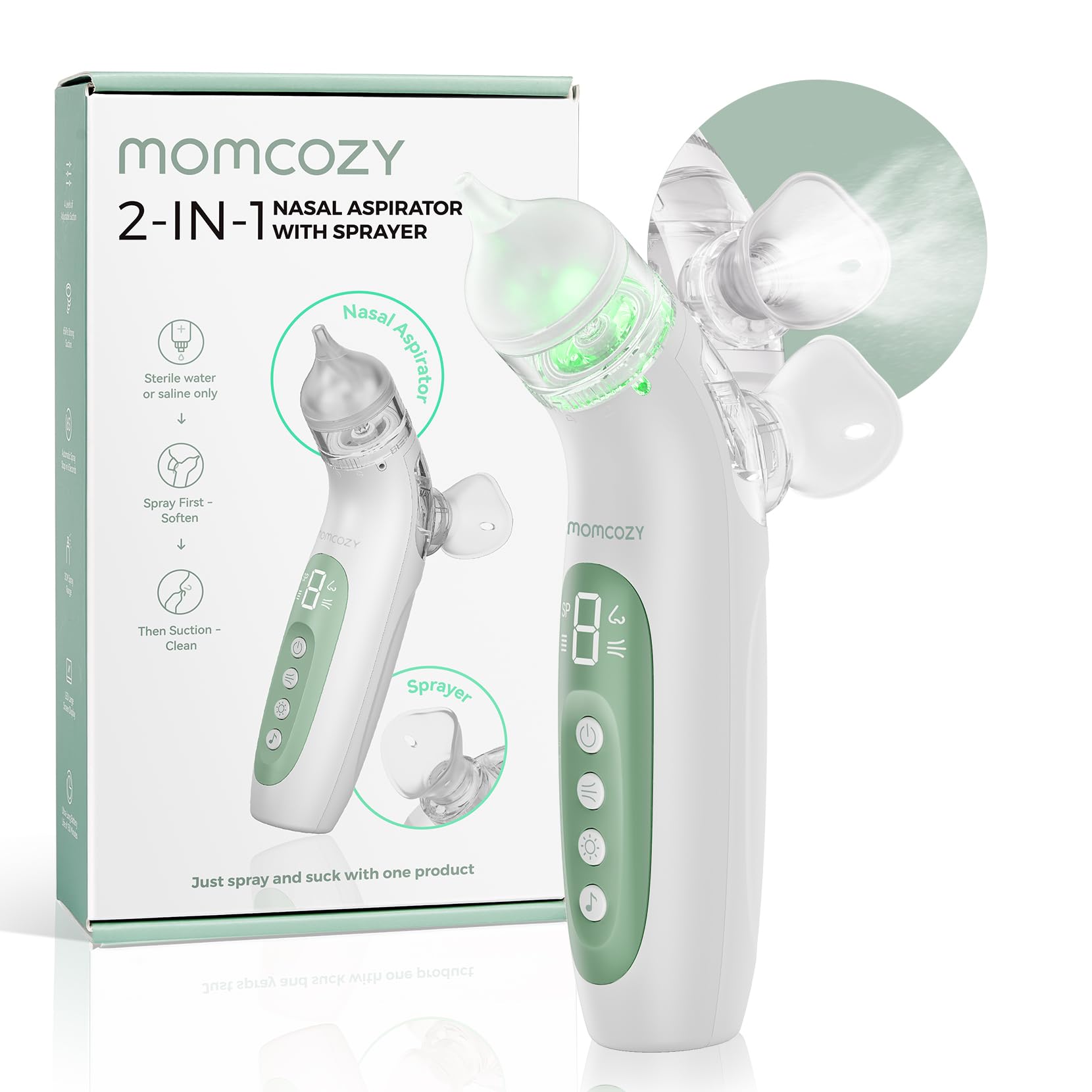 momcozy breezyclear™ 2-in-1 electric nasal aspirator for baby with spray, 65kpa hospital-grade suction, 4 adjustable levels, quiet & portable nose cleaner with soothing light & music