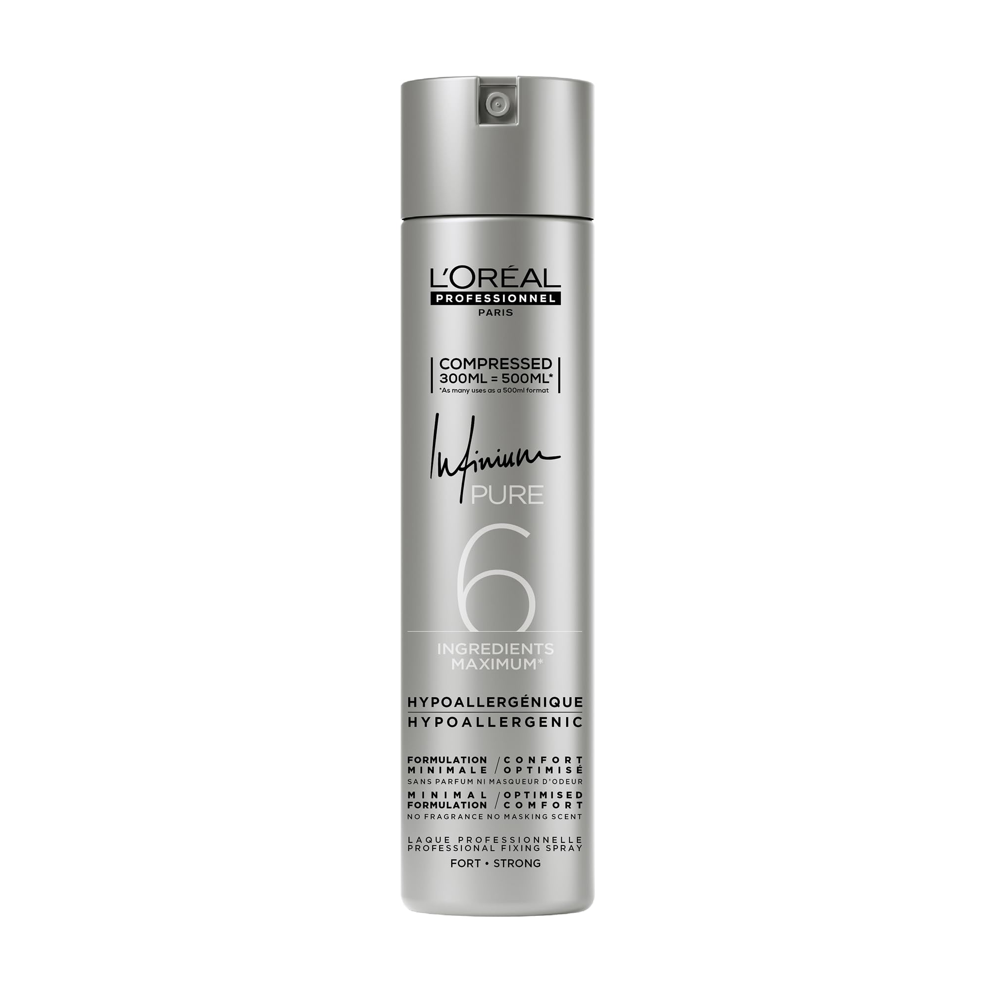 L'Oréal Professionnel, Infinium Pure Hairspray, Repositionable Strong Fixing Spray & Ultra Fine Diffusion, Natural Shine & Touch, Lightweight & Hypoallergenic Formulation, Fragrance Free, 300 ml