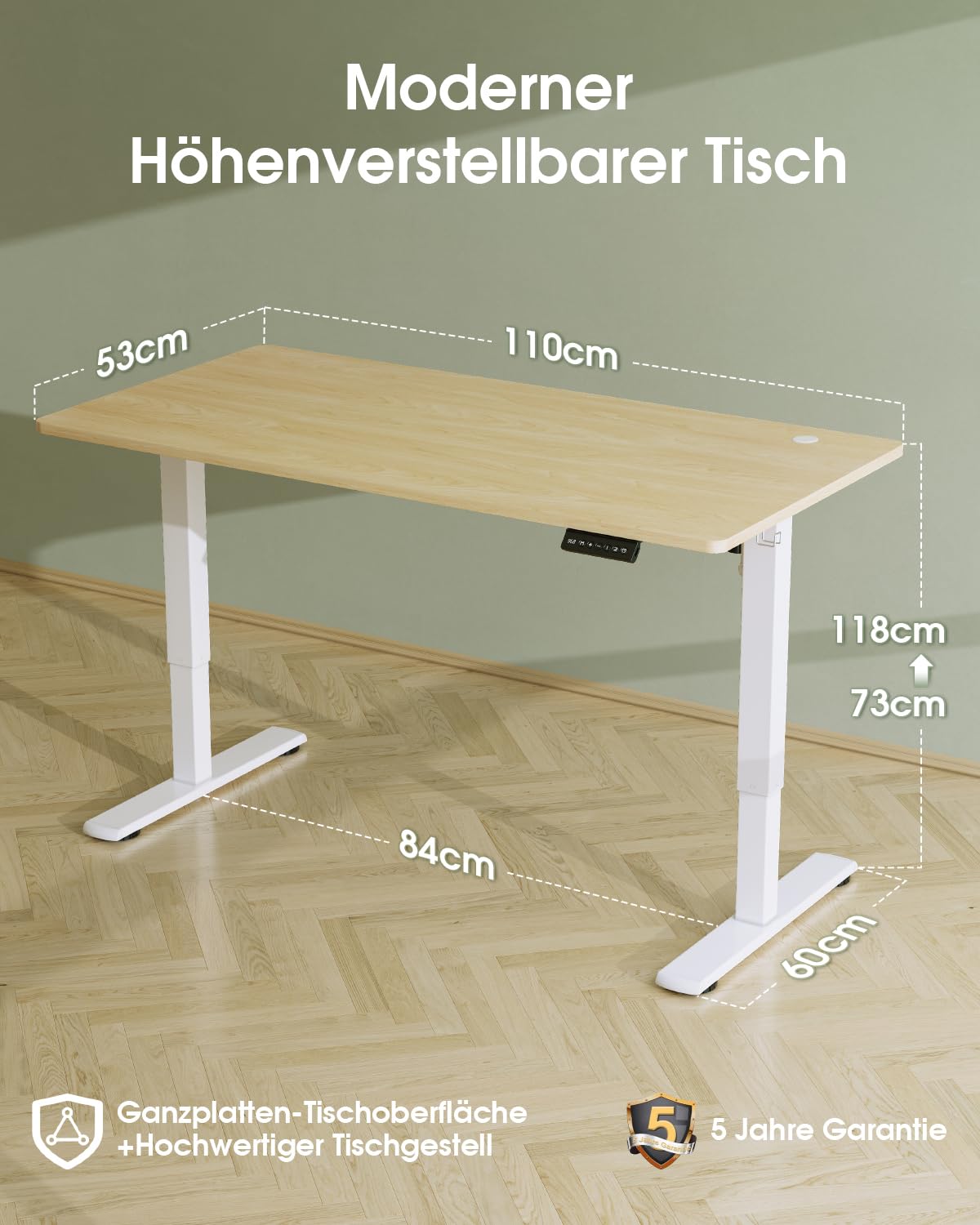 Flamaker Höhenverstellbarer Schreibtisch Ganze Tischplatte 110 x 53 cm, Schreibtisch Höhenverstellbar Elektrisch mit Memory Steuerung, Gaming Tisch mit Sitzende Erinnerung und USB-Aufladung (Beige)