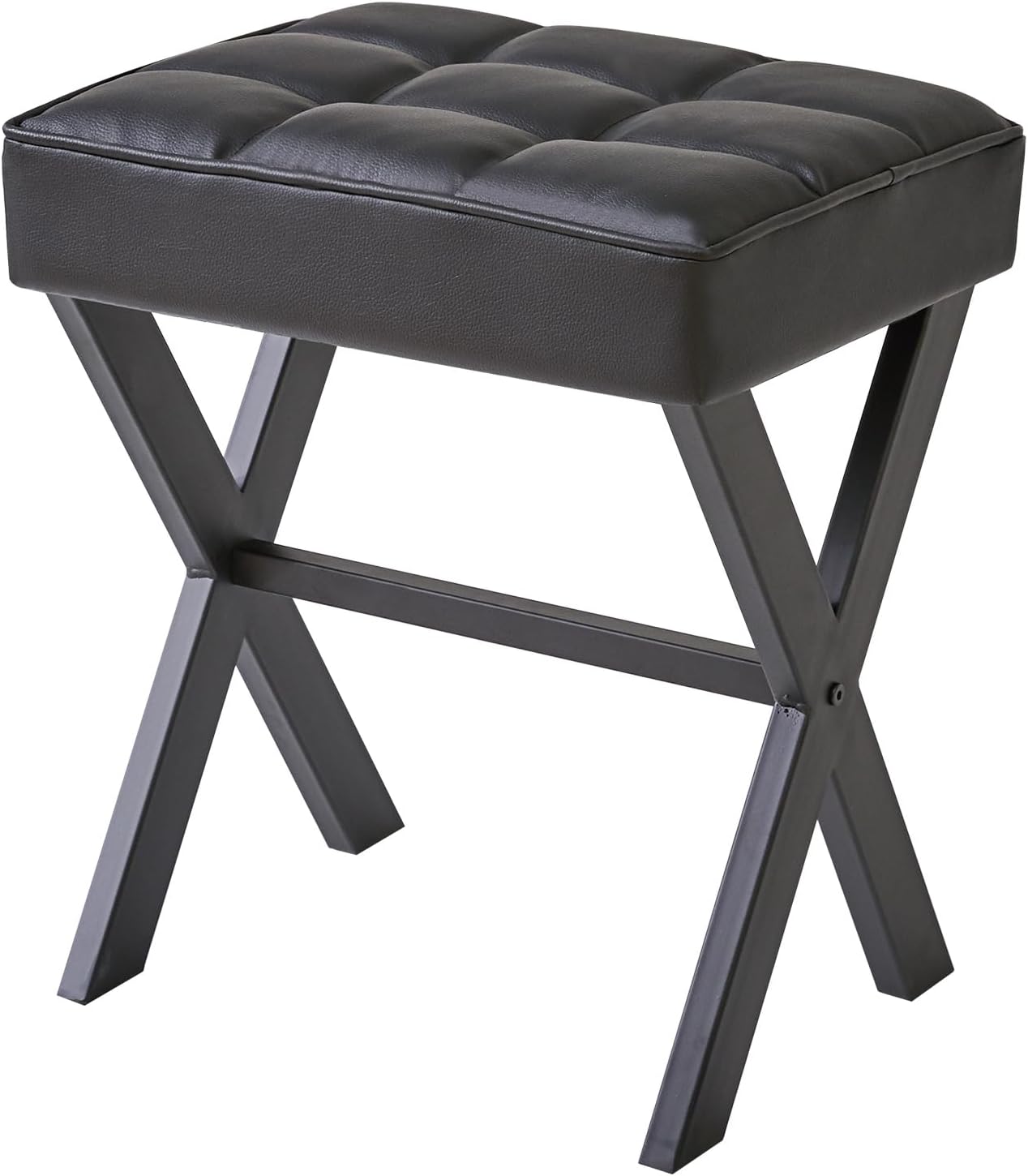 IBUYKE Square Makeup Stool with X-Leg Foot Rest, PU Footrest, Ottoman Seat Vanity Stool, Multi-Use as Small Side Table, for Bedroom, Living Room, Black L/G-71B