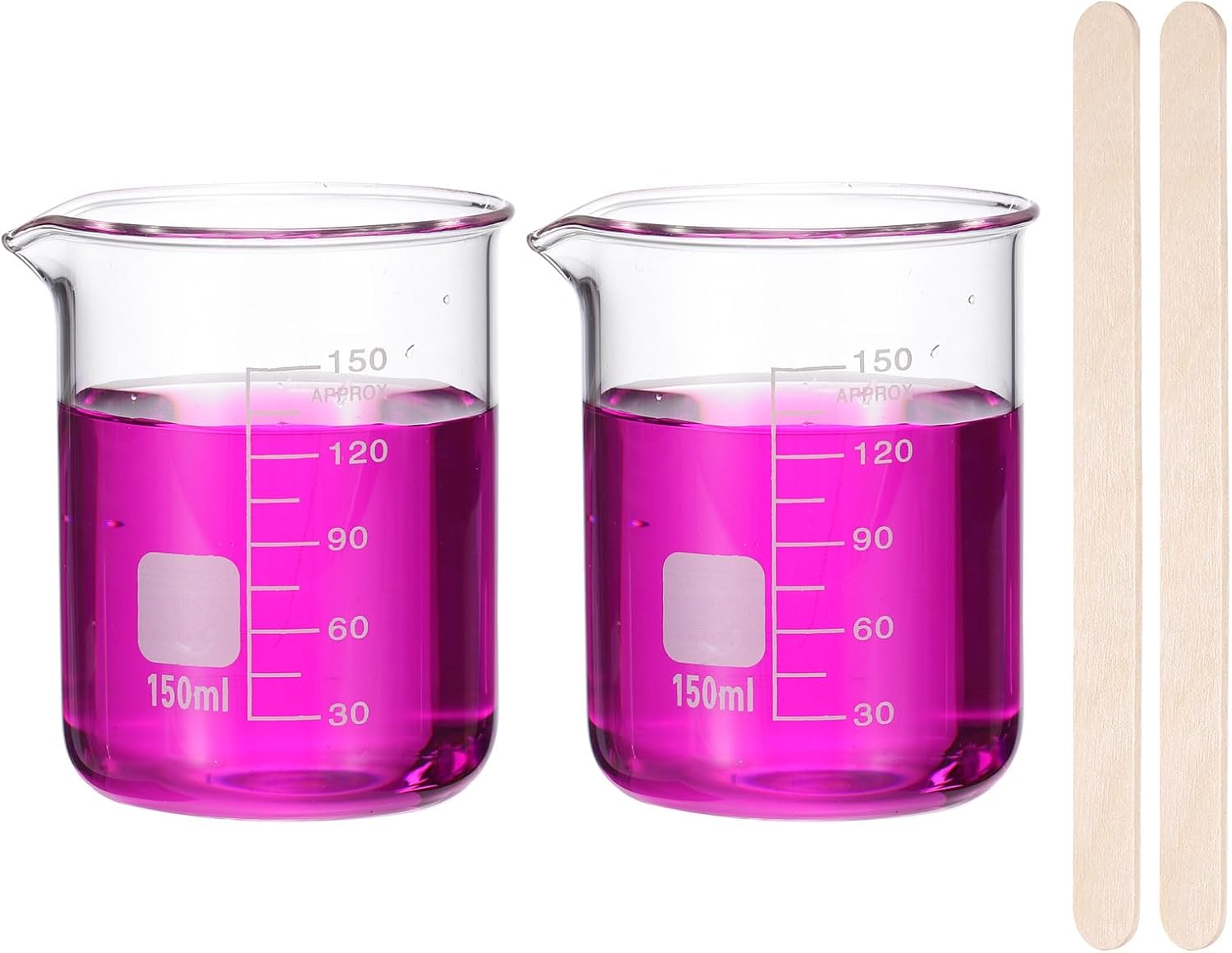 PATIKIL 100ml Glass Beaker, 2 Pack Measuring Glass Beaker Graduated Borosilicate Lab Cups Mug Low Form Heat Safe Transparent with 50pcs Wood Sticks for Laboratory Science Kitchen Liquids