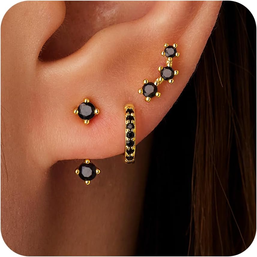 Poxtex Small Sterling Silver Hoop Huggie Earrings Set for Women, 925 Stud Earring for Multiple Piercing Hypoallergenic Trendy Jewelry, Dainty Jackets Cartilage Cubic Zircon Earings for Women’s Gifts