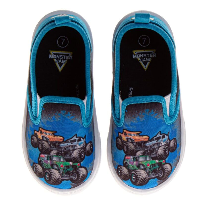 MonsterJam Lowtop Canvas Shoes - Monster Trucks Gravedigger El Toro Loco Megalodon Sneakers - Black Blue (Size 9 Toddler)