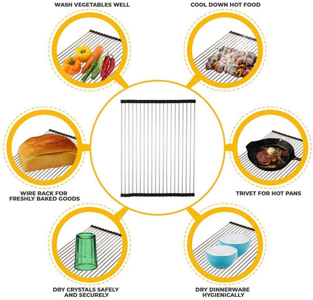CLQ Estante De Drenaje De Acero Inoxidable Estante De Secado De Frutas Y Verduras, Escurridor, Escurridor, Escurridor sobre Fregadero Enrollable, Negro