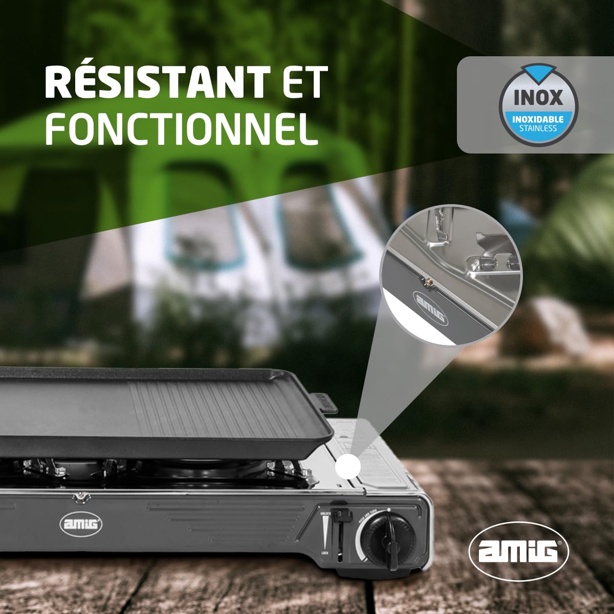 Amig - Réchaud de Camping CAMP02 - Cuisine Portable - 2X Brûleurs - Inclut Plancha - Grille en Fonte - Acier Inoxydable - Puissance 2,2 kW x 2 - Compatible avec Cartouches B-250