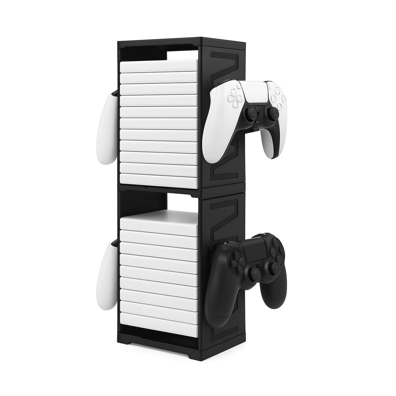Supporto a torre di archiviazione per giochi per PS5, PS4, Xbox Series X/S, Xbox One, Switch e dischi Blu-Ray - Rack organizer per 24 dischi con controller e ganci per cuffie, salvaspazio