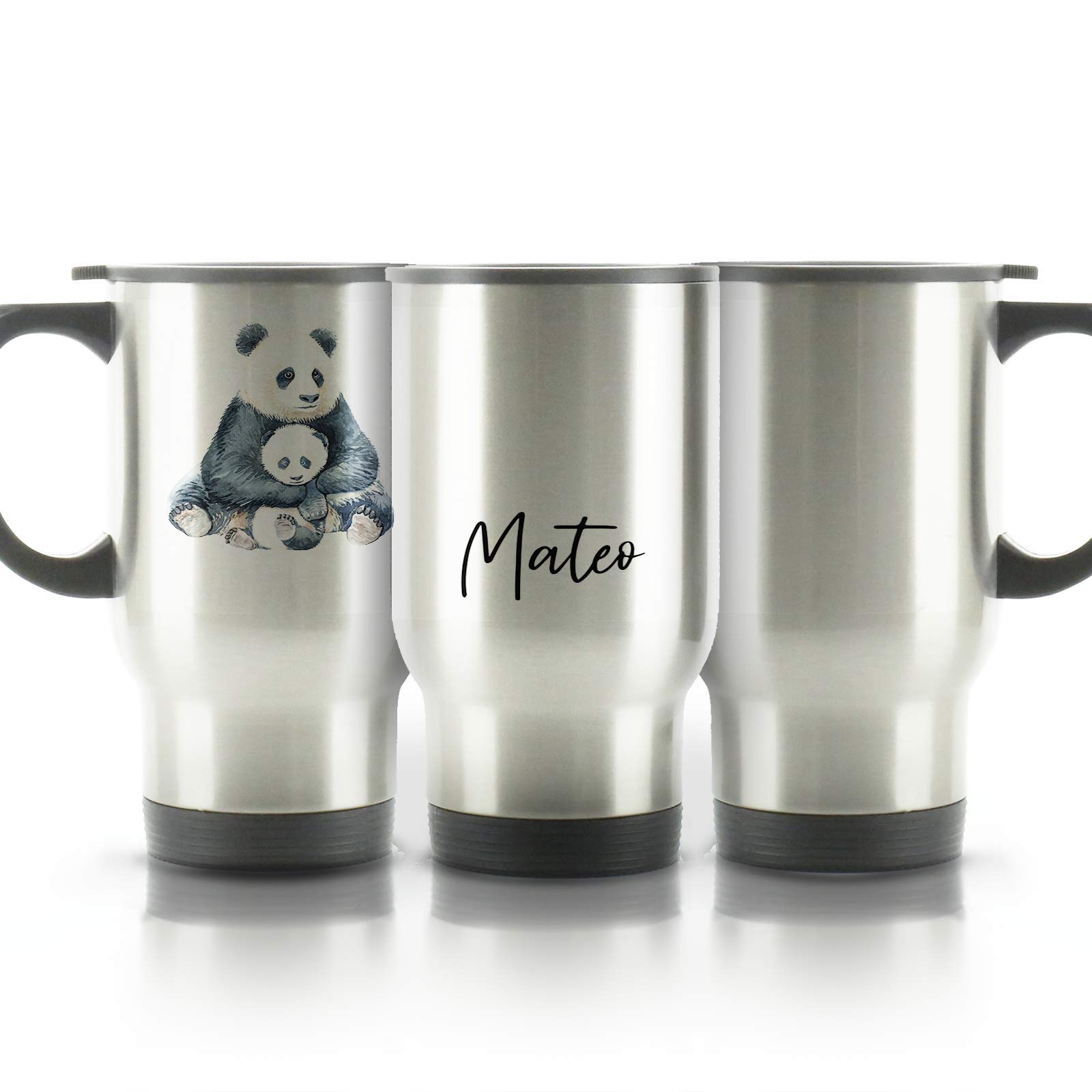 Hairyworm Personalised Travel Mug, 400ml Silver Stainless Steel Travel Mug with Handle, Customised with Initial/Name, Panda Sitting Design Print โ image 1