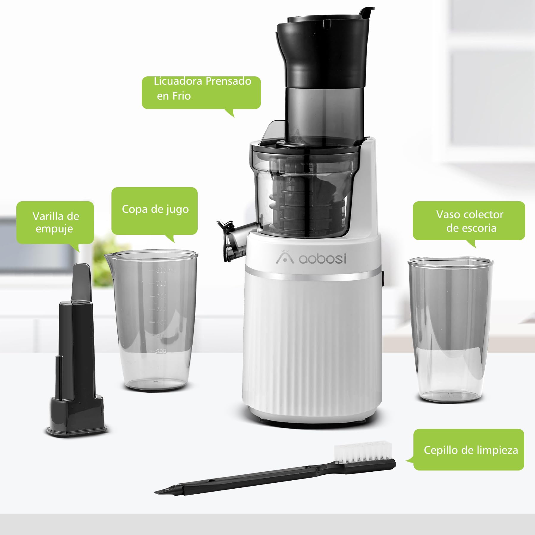 Aobosi Licuadora para verduras y frutas con Apertura da 80 MM, Licuadora prensado en frio con Función marcha atrás/Motor silencioso/Libre de BPA/Blanco
