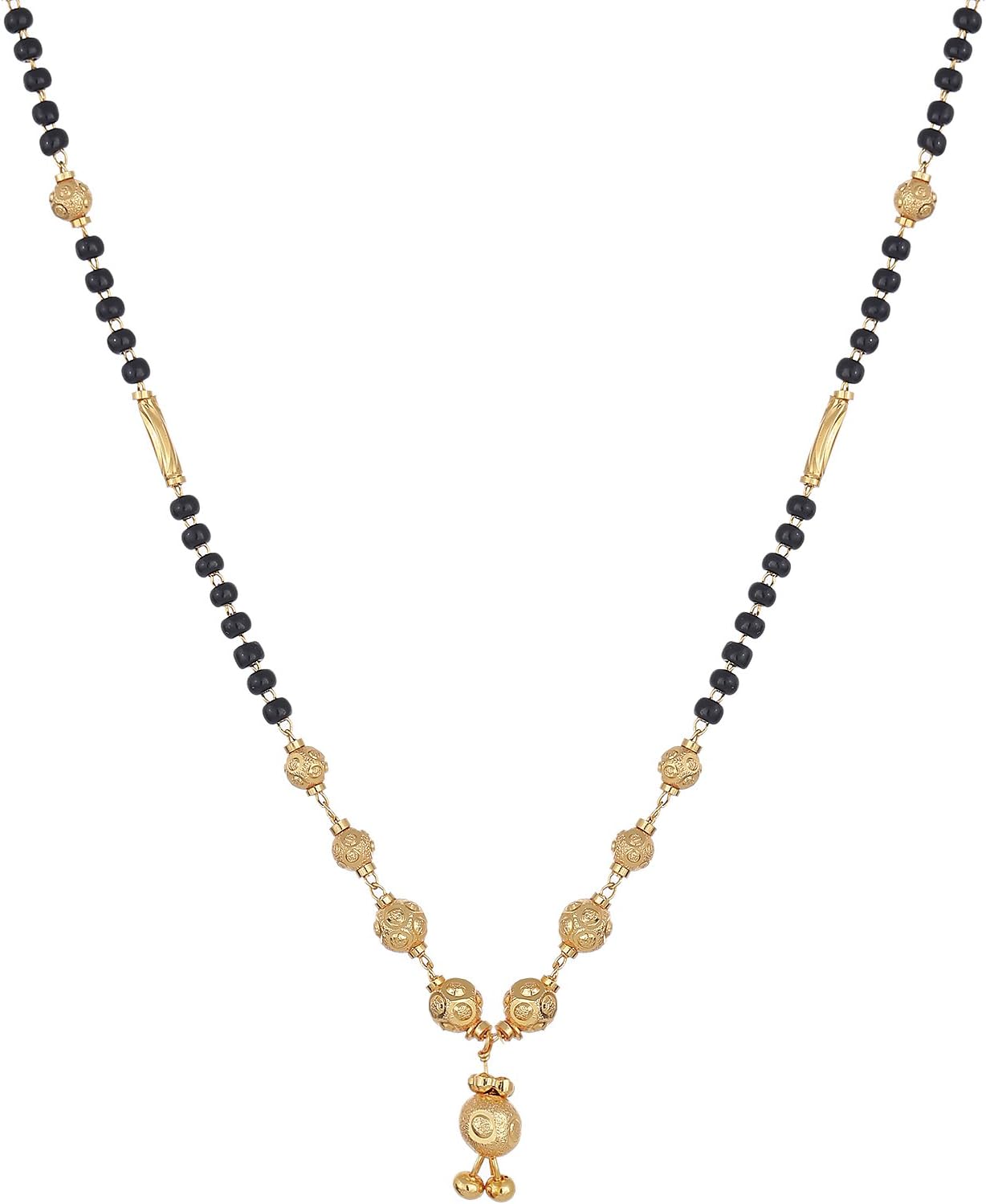 Gold-Plated Black & White Artificial Stones Studded & Beads Beaded Locket Mangalsutra For Women