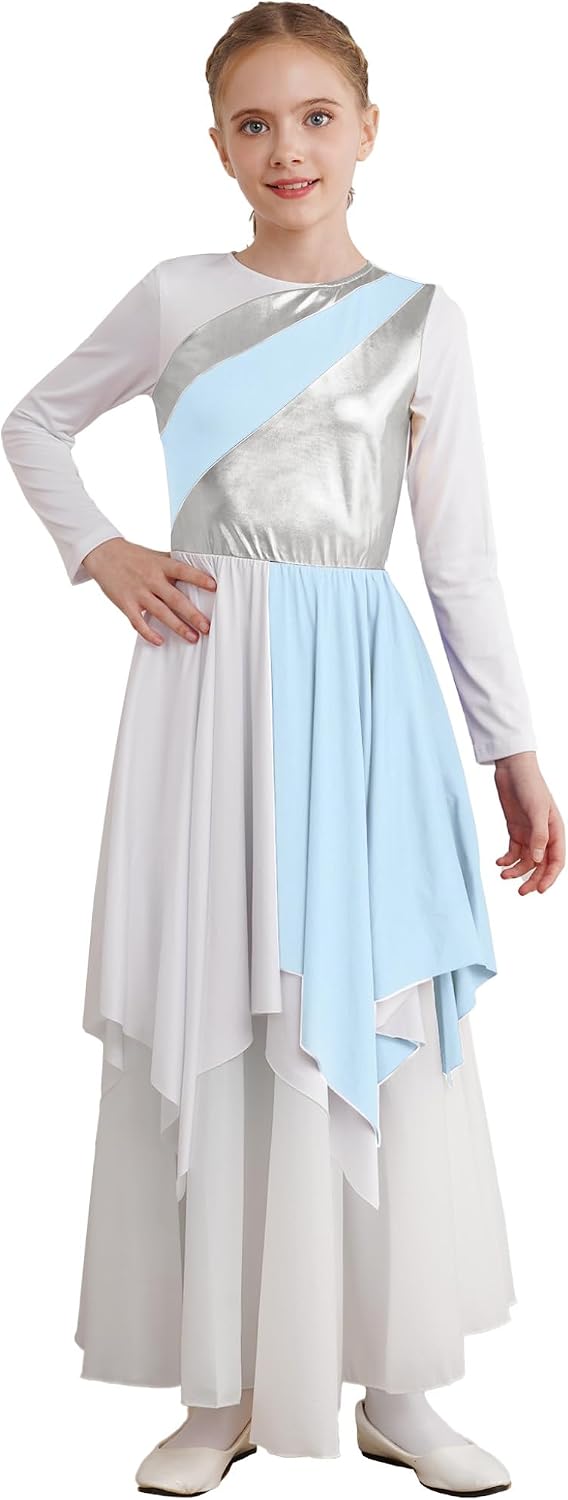 Lejafay Kids Girls Lyrical Praise Dance Outfit Long Sleeve Church Dress Liturgical Worship Robe Dress