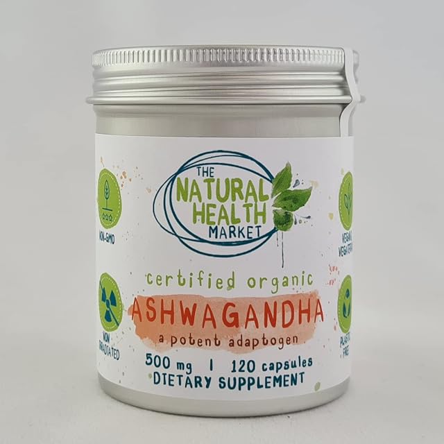 Organic Ashwagandha Capsules 500mg by The Natural Health Market  Soil Association Certified  Withania Somnifera  Vegan Friendly  Traditional Ayurveda (120 Capsules)