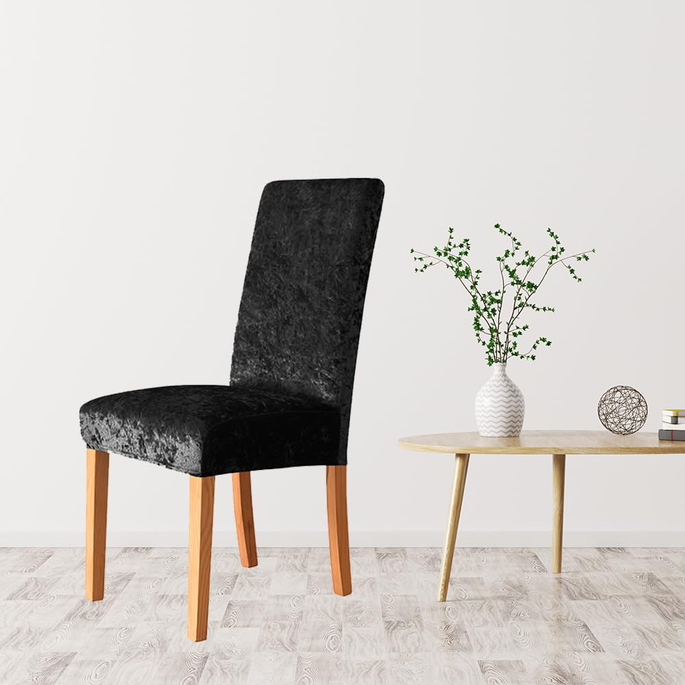 LIPOR Set of 4 Stretch Black Crushed Velvet Dining Room Chair Covers Soft Thick Chair Slipcovers for Dining Room Kitchen Decor Parsons Chair Seat Cover for Party Ceremony (4, Black)