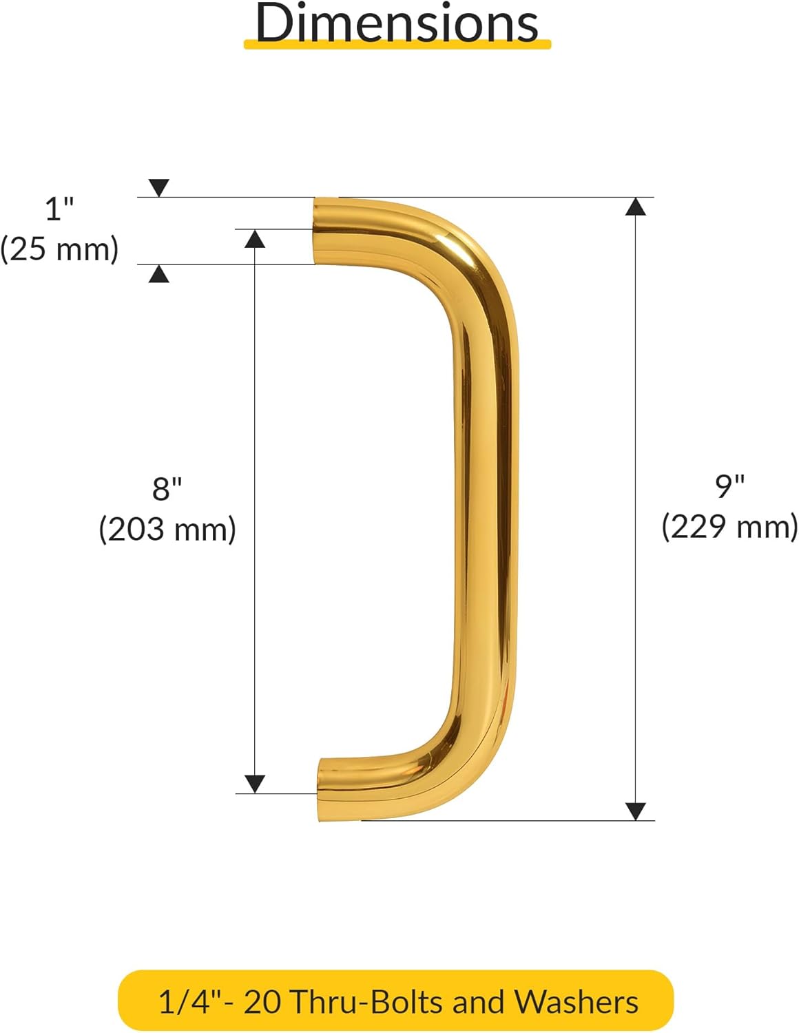 BRIXWELL Solid Pull Handle Aluminum Material, Polished Brass Finish, 9" Length, 8" Center to Center, 1" Diameter, Single Sided Mounting, Includes 1/4"-20 Bolts and Washers