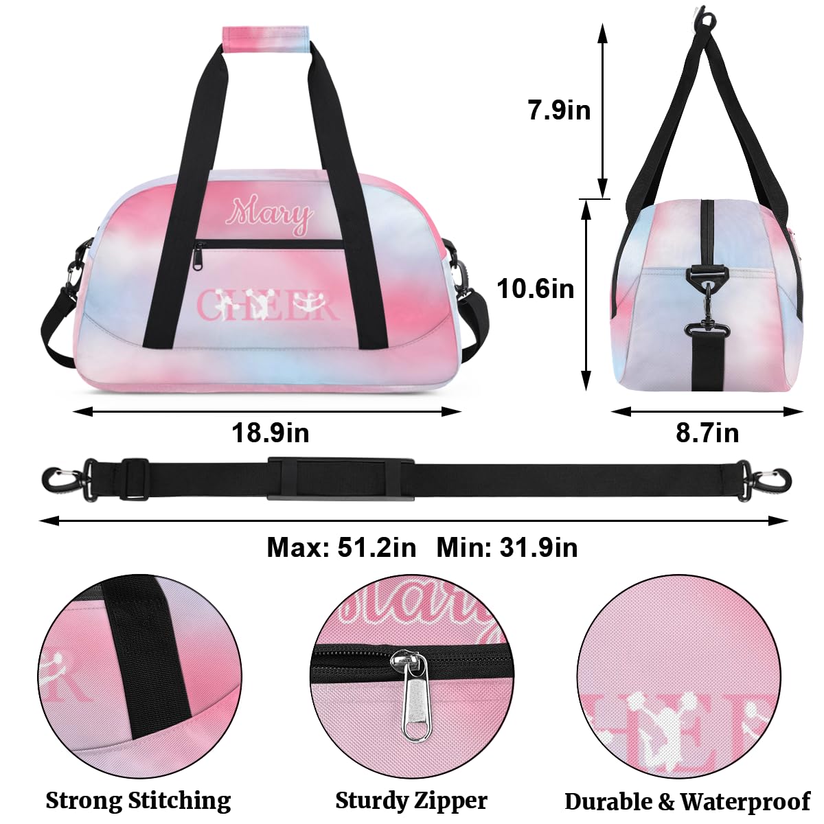 Personalized Cheer Bag Girl Sport Duffel Bag, Custom Kids Gym Bag, Customize Travel Duffle Bag with Name, Overnight Weekender Bags,Lightblue Pink Gradient, Cheerleading Gifts