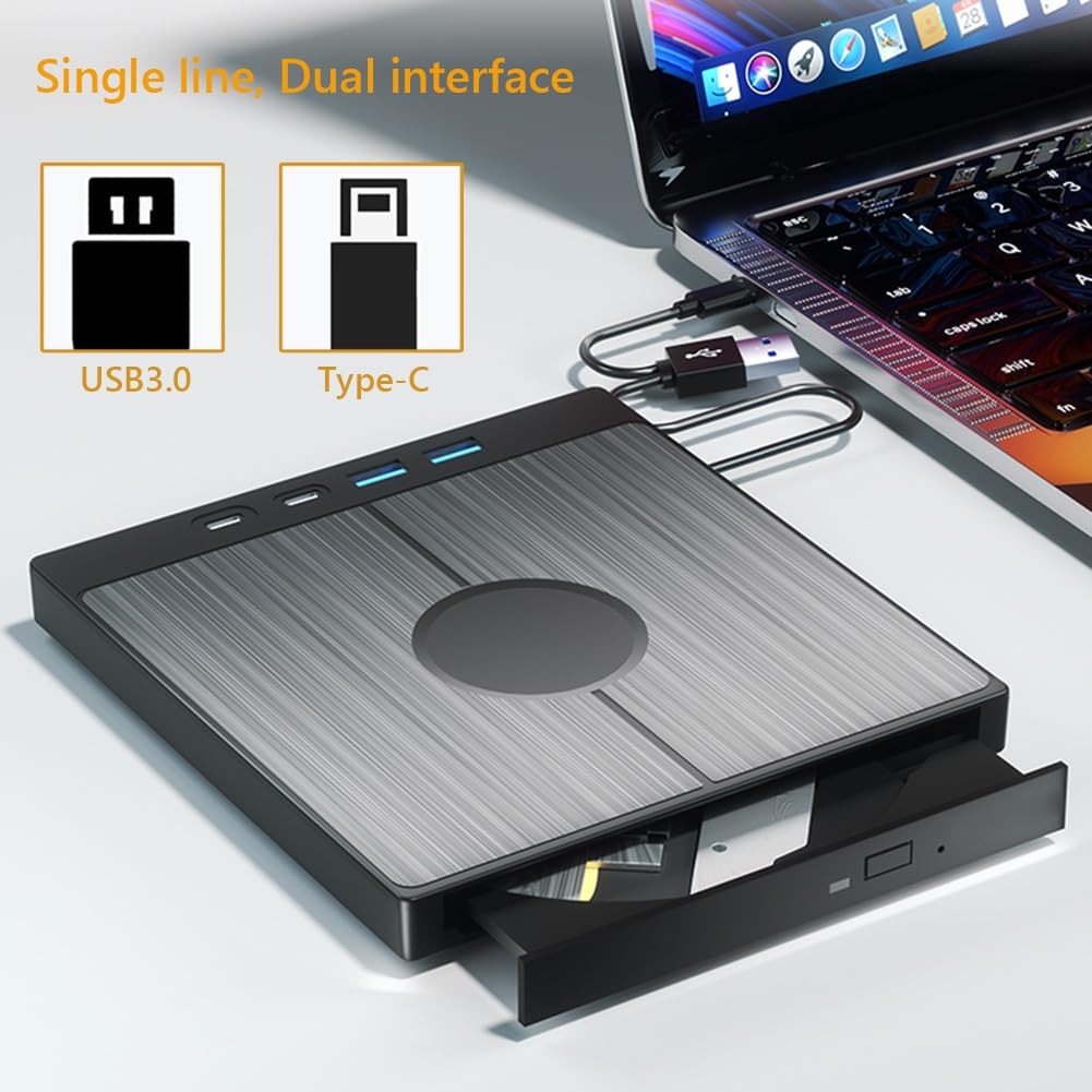 Przenośny odtwarzacz DVD, Zewnętrzny napęd CD/DVD 7 w 1 Odtwarzacz DVD USB 3.0 z 2 portami USB/Type-C