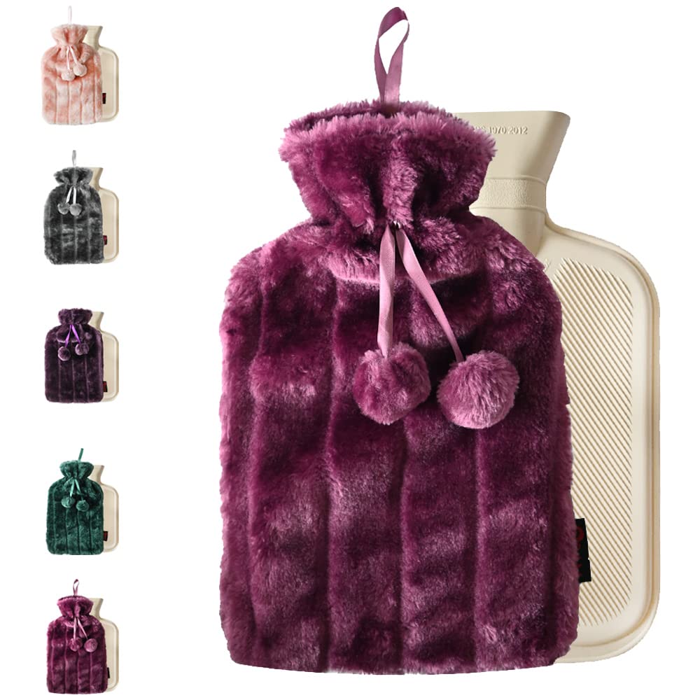 Ram® 2L Luxury Cosy 2 Litre Hot Water Bottle with Faux Fur Berry Cover