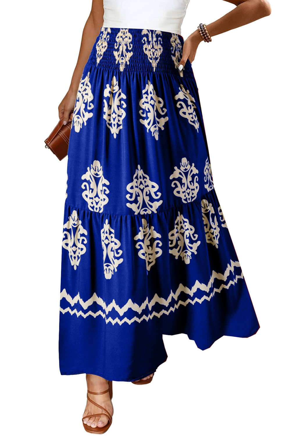 Happy Sailed Boho Long Skirts for Women Fashion Floral Print High Waisted A Line Flowy Maxi Skirt for Beach Vacation