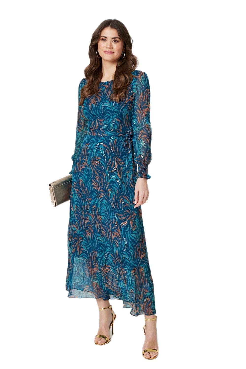 Izabel London Abstract Long Sheer Sleeve Maxi Dress for Women UK with Sheer Long Sleeves and a Maxi Length Hem. Teal